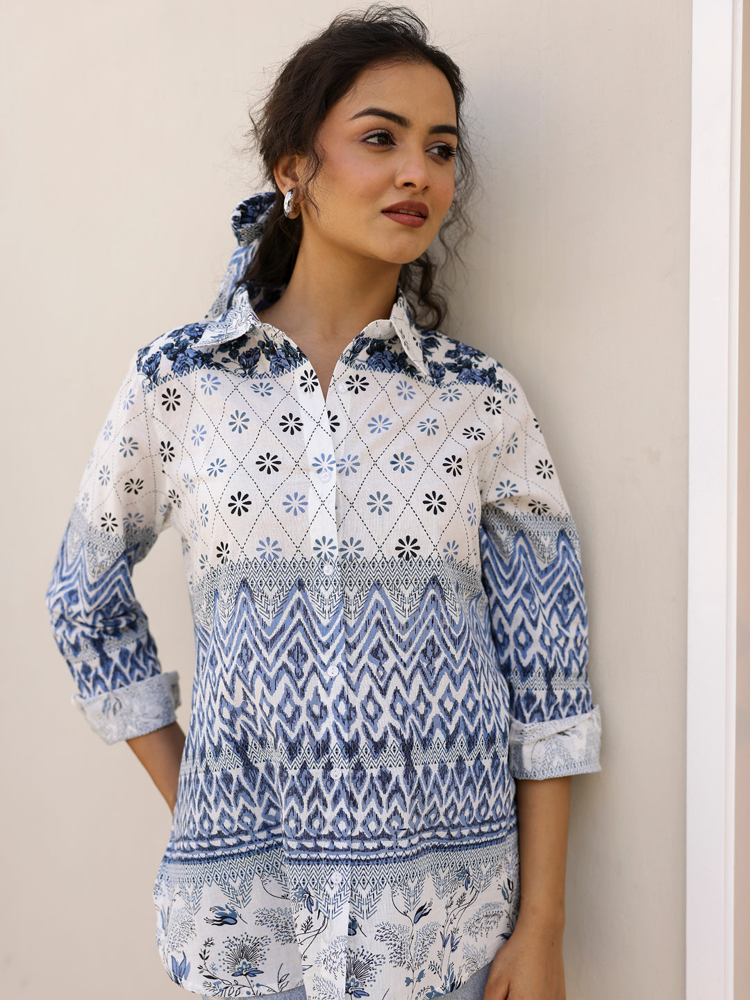 Pure Cotton Geometric Printed Shirt for Women - SanskrutiHomes