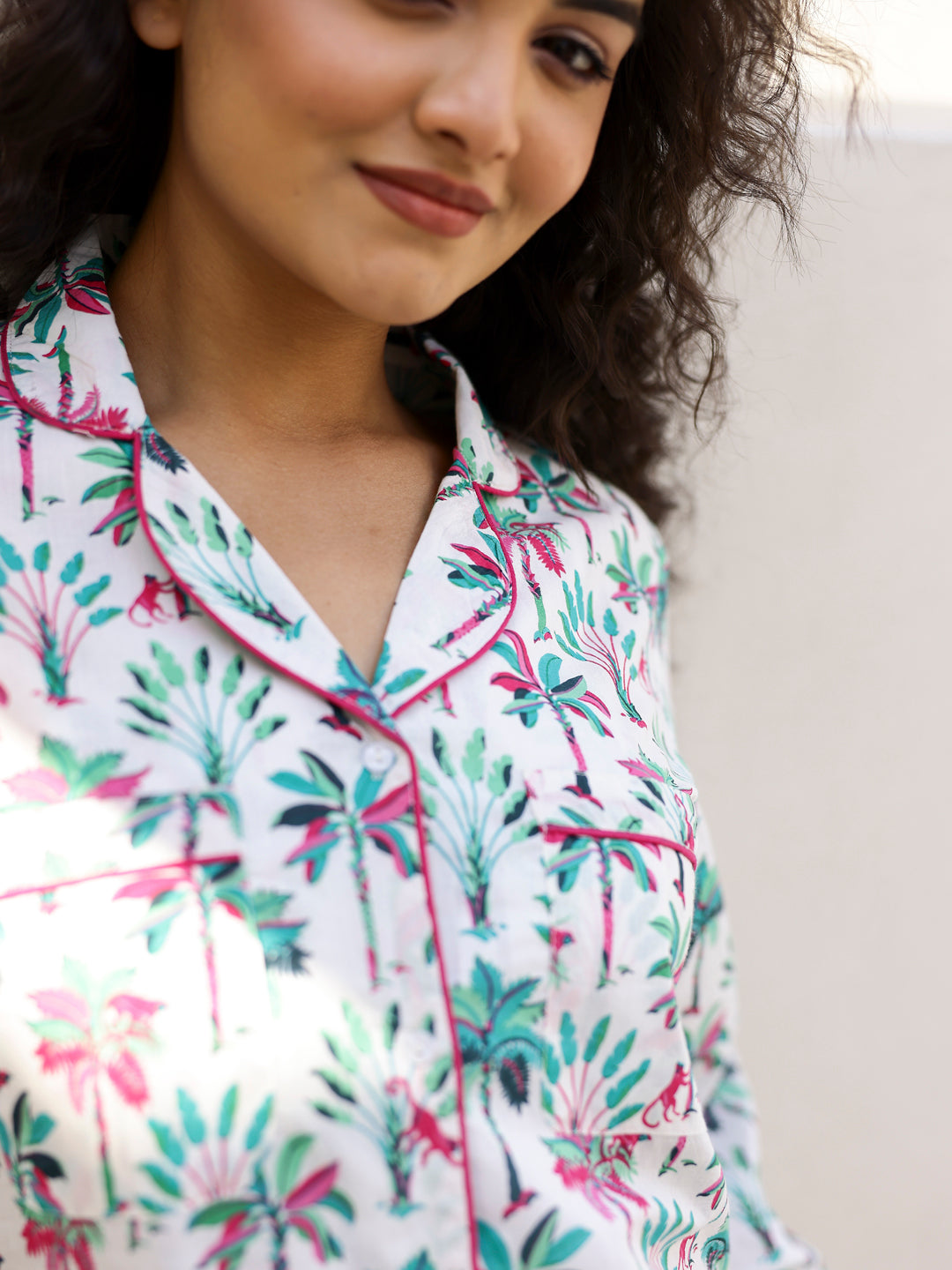 White Palm Shirt & Shorts Night Suit Set