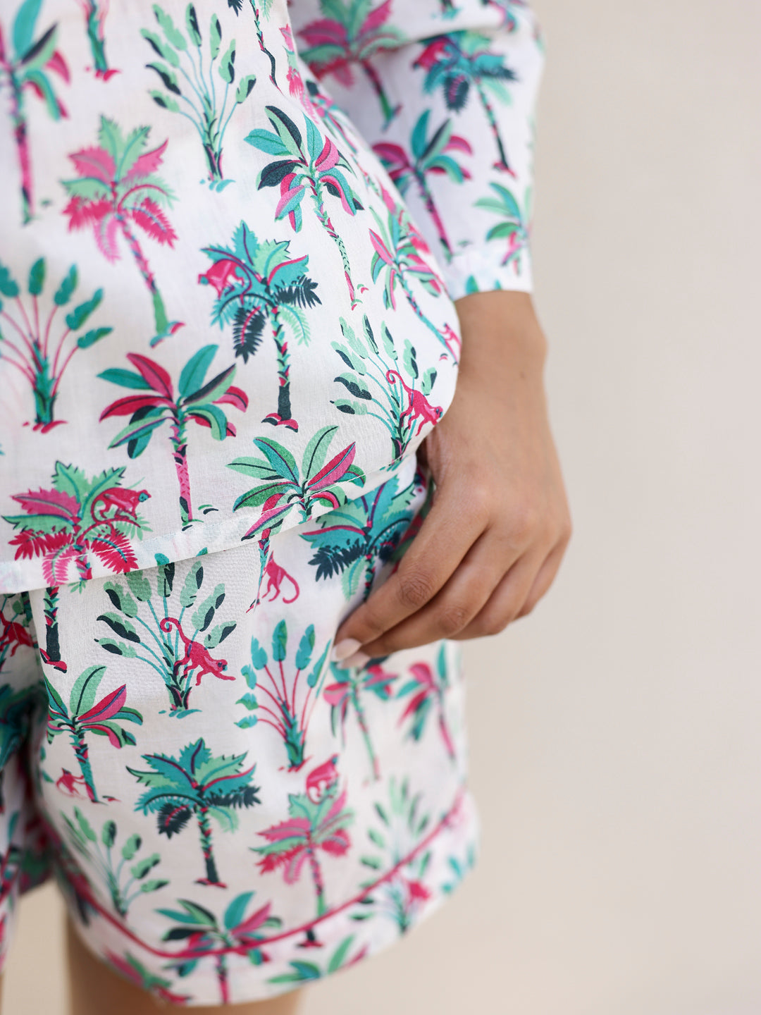 White Palm Shirt & Shorts Night Suit Set