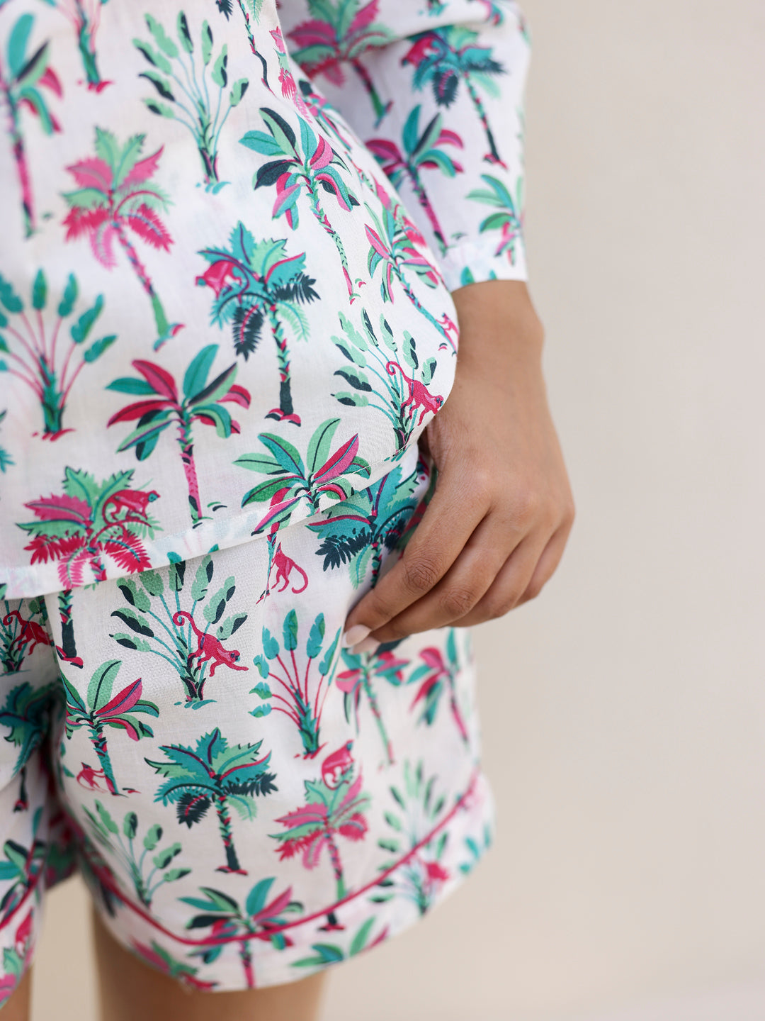White Palm Shirt & Shorts Night Suit Set