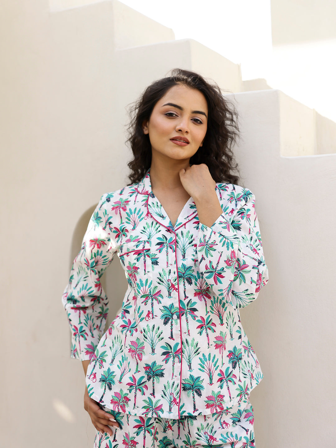 White Palm Shirt & Shorts Night Suit Set