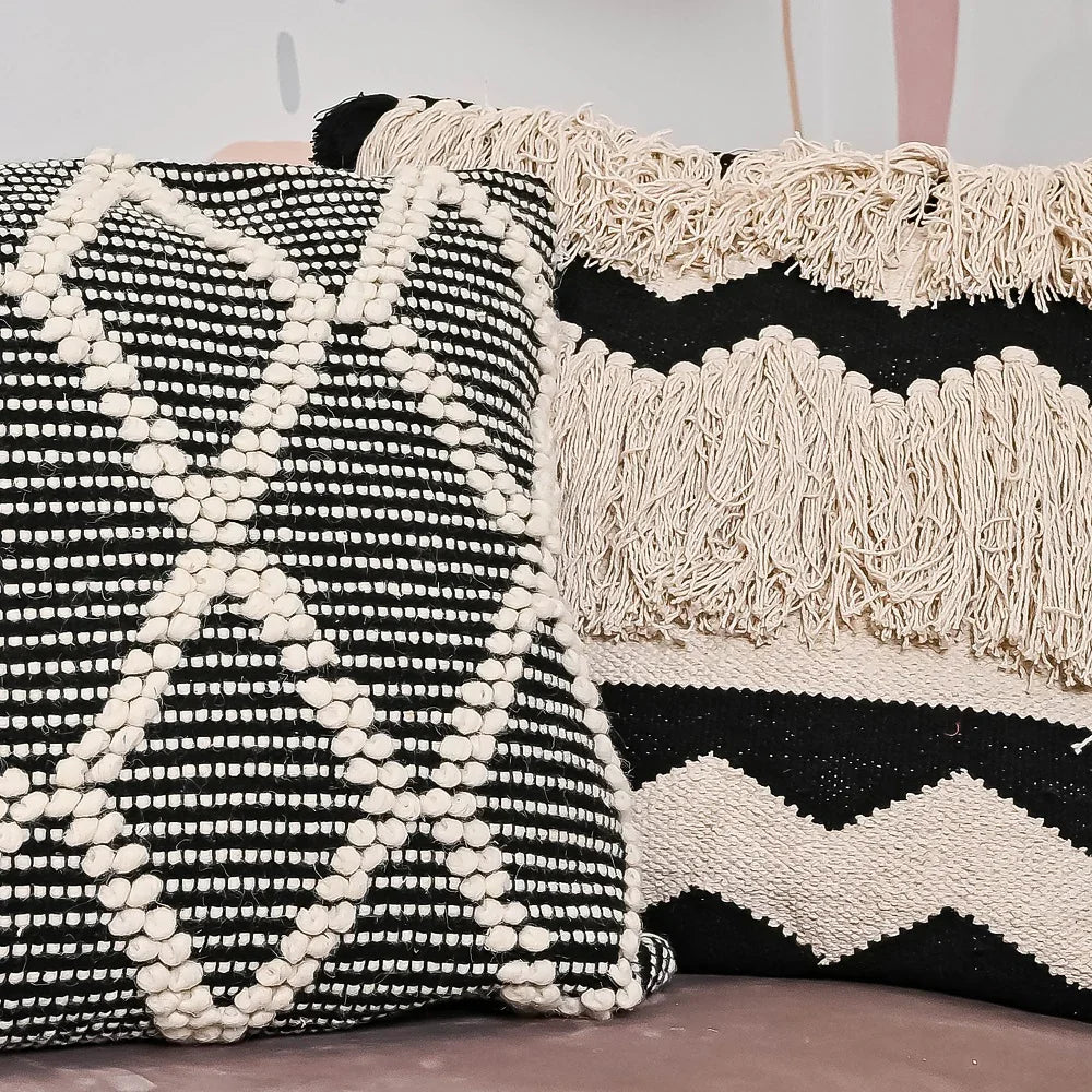 Beige & Black Hand-Woven Cotton Cushion Covers(Set Of 2)