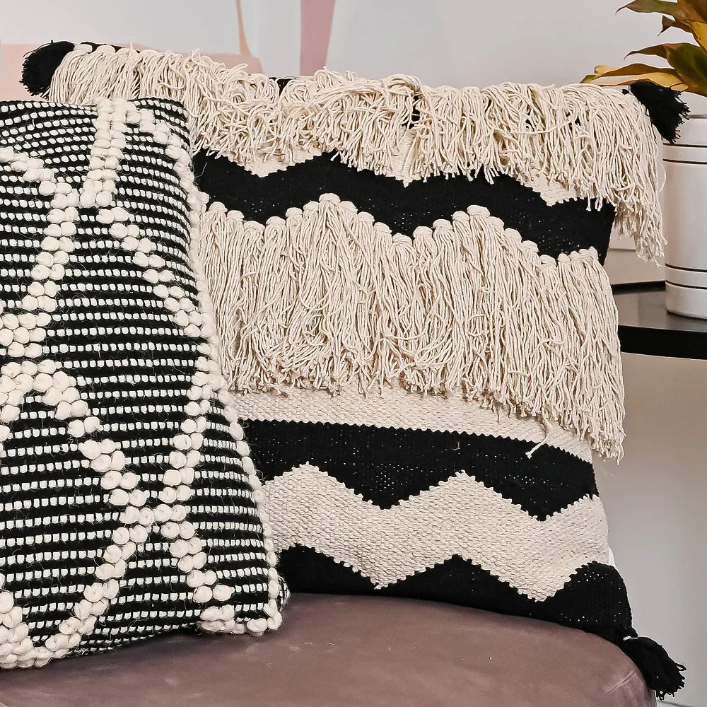 Beige & Black Hand-Woven Cotton Cushion Covers(Set Of 2)