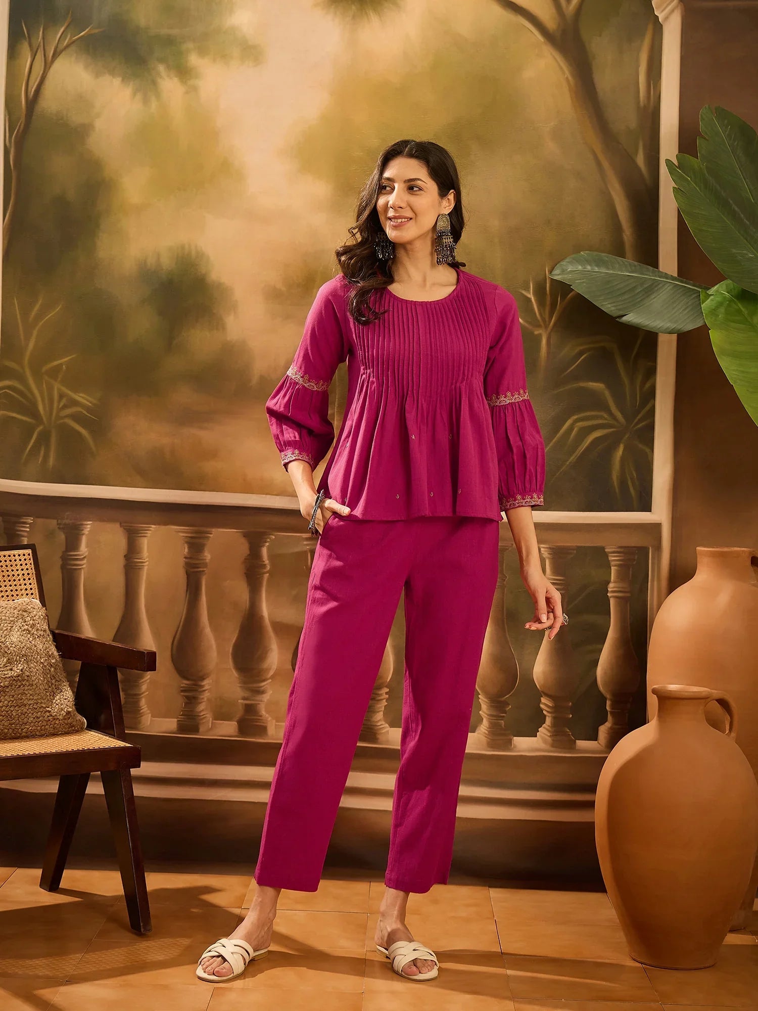 Pink Solid Printex Design coord Set for Women - SanskrutiHomes