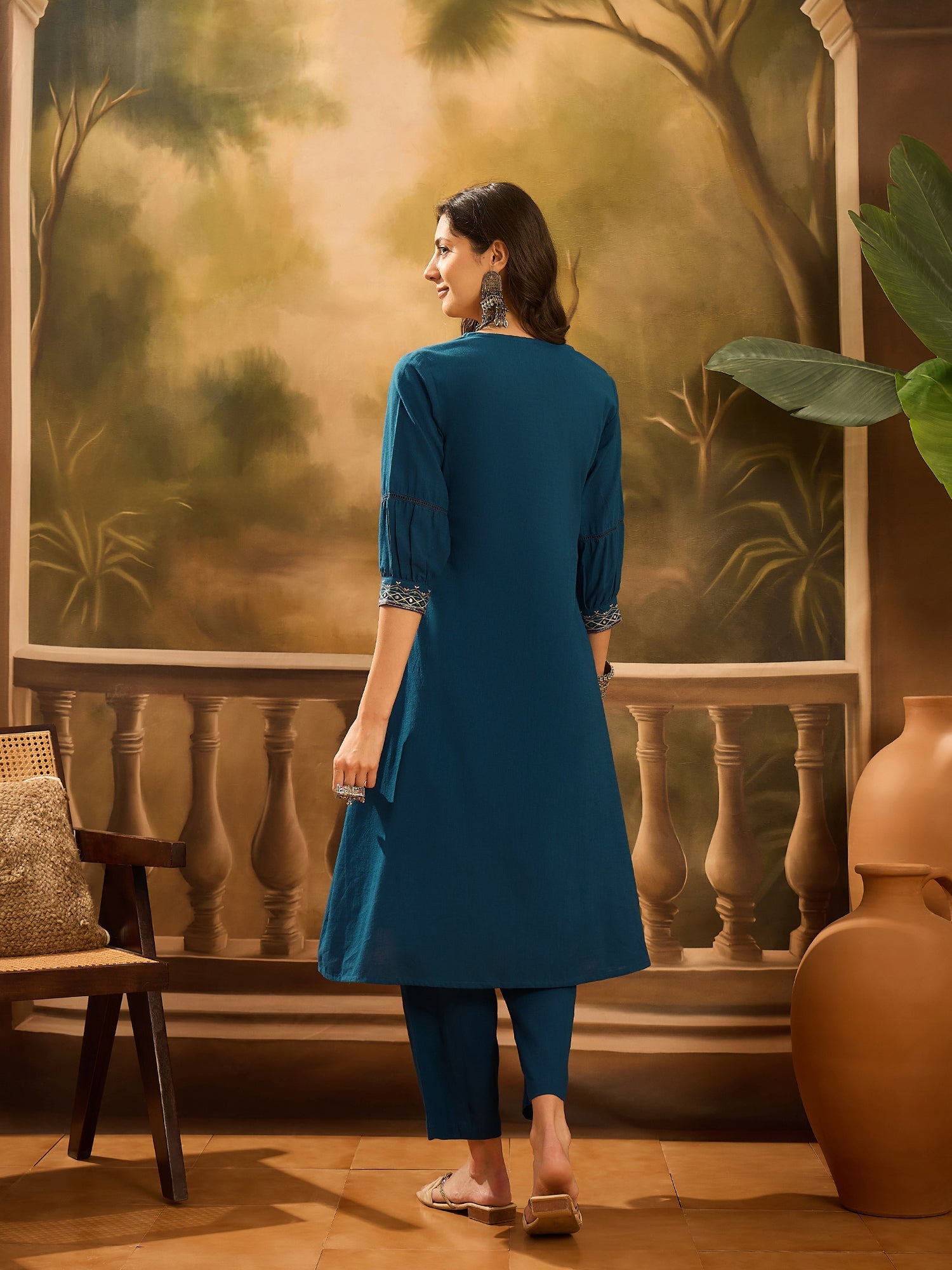 Teal Pure Cotton V-Neck Kurta Set For Women - SanskrutiHomes
