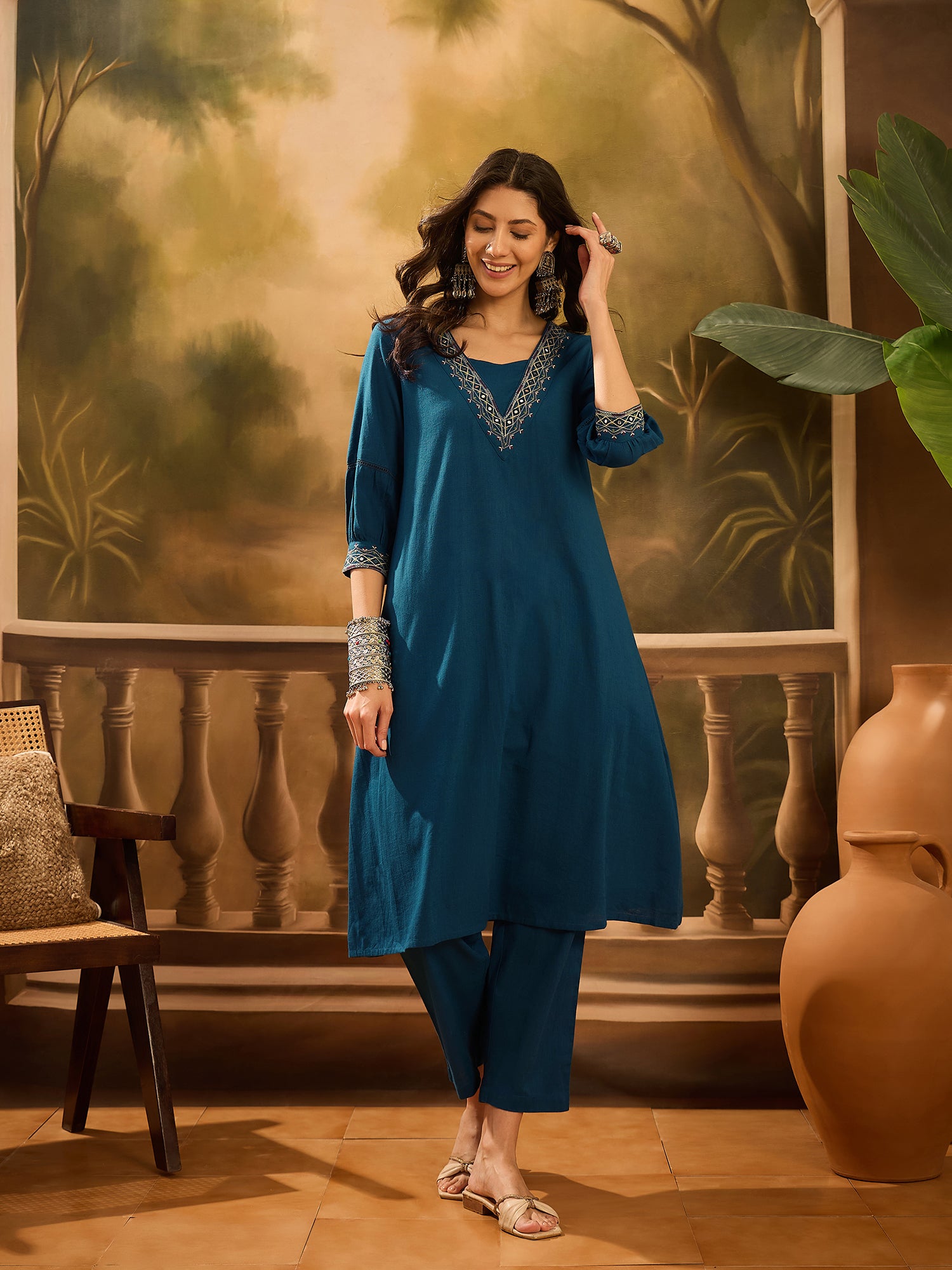 Teal Pure Cotton V-Neck Kurta Set For Women