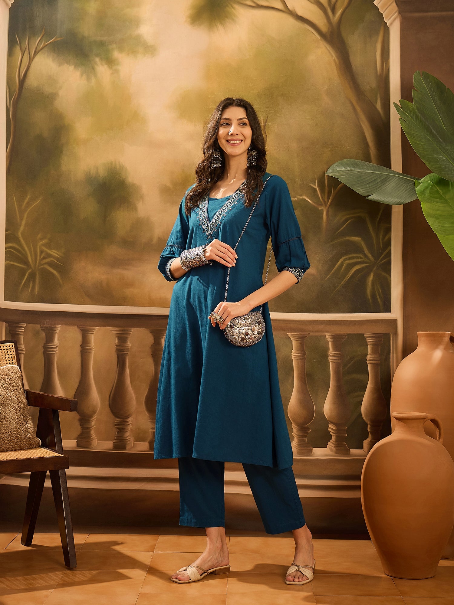 Teal Pure Cotton V-Neck Kurta Set For Women