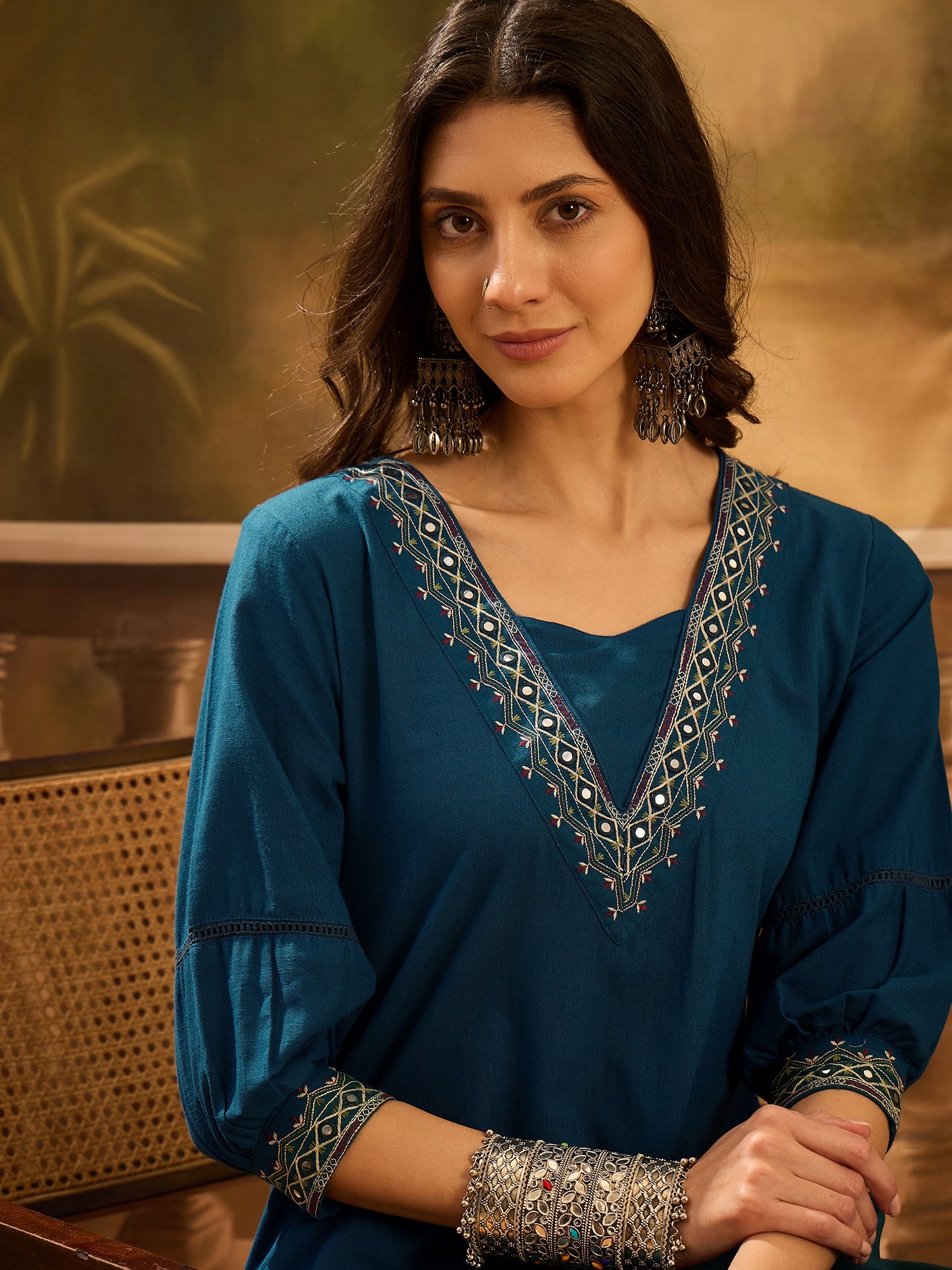 Teal Pure Cotton V-Neck Kurta Set For Women
