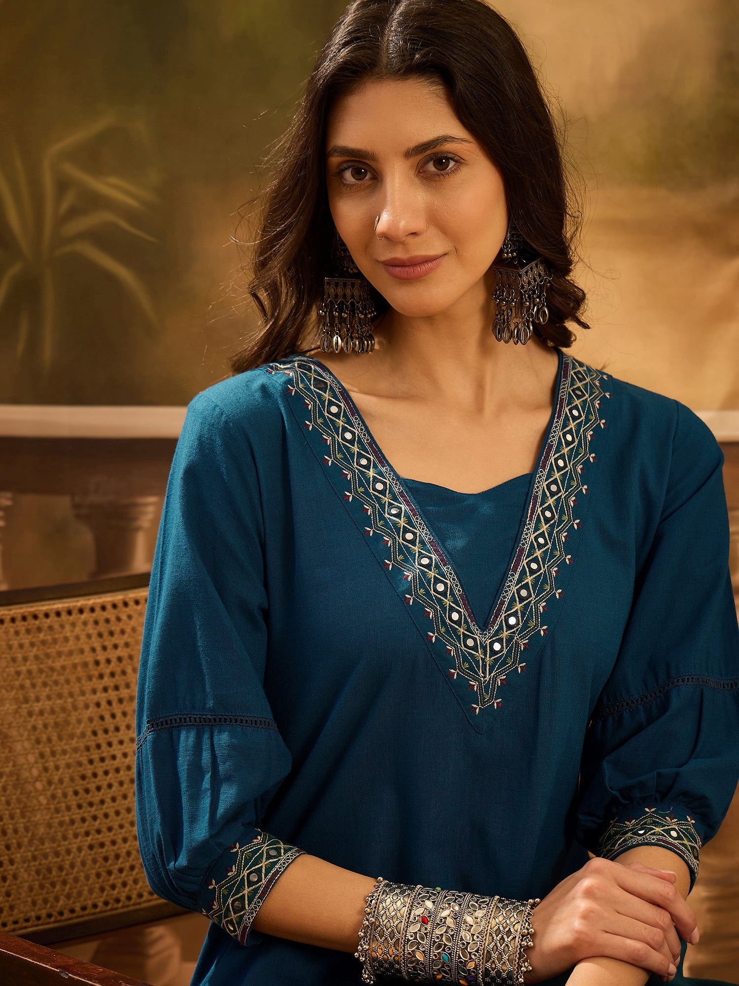 Teal Pure Cotton V-Neck Kurta Set For Women - SanskrutiHomes