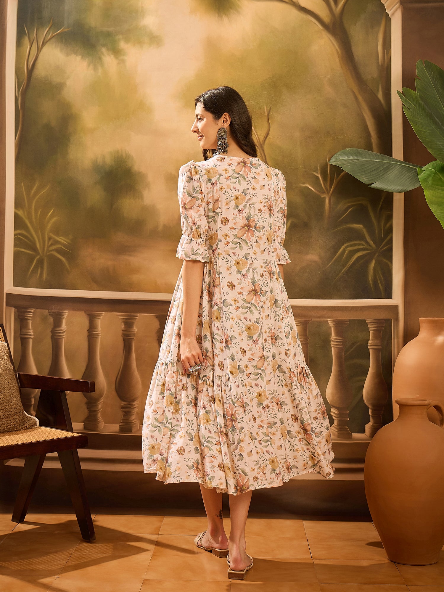 Off White Floral Printed Silk Blend Dress for Women