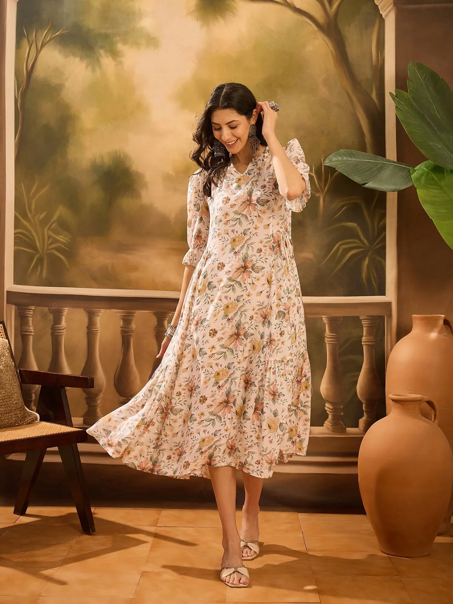 Off White Floral Printed Silk Blend Dress for Women - SanskrutiHomes
