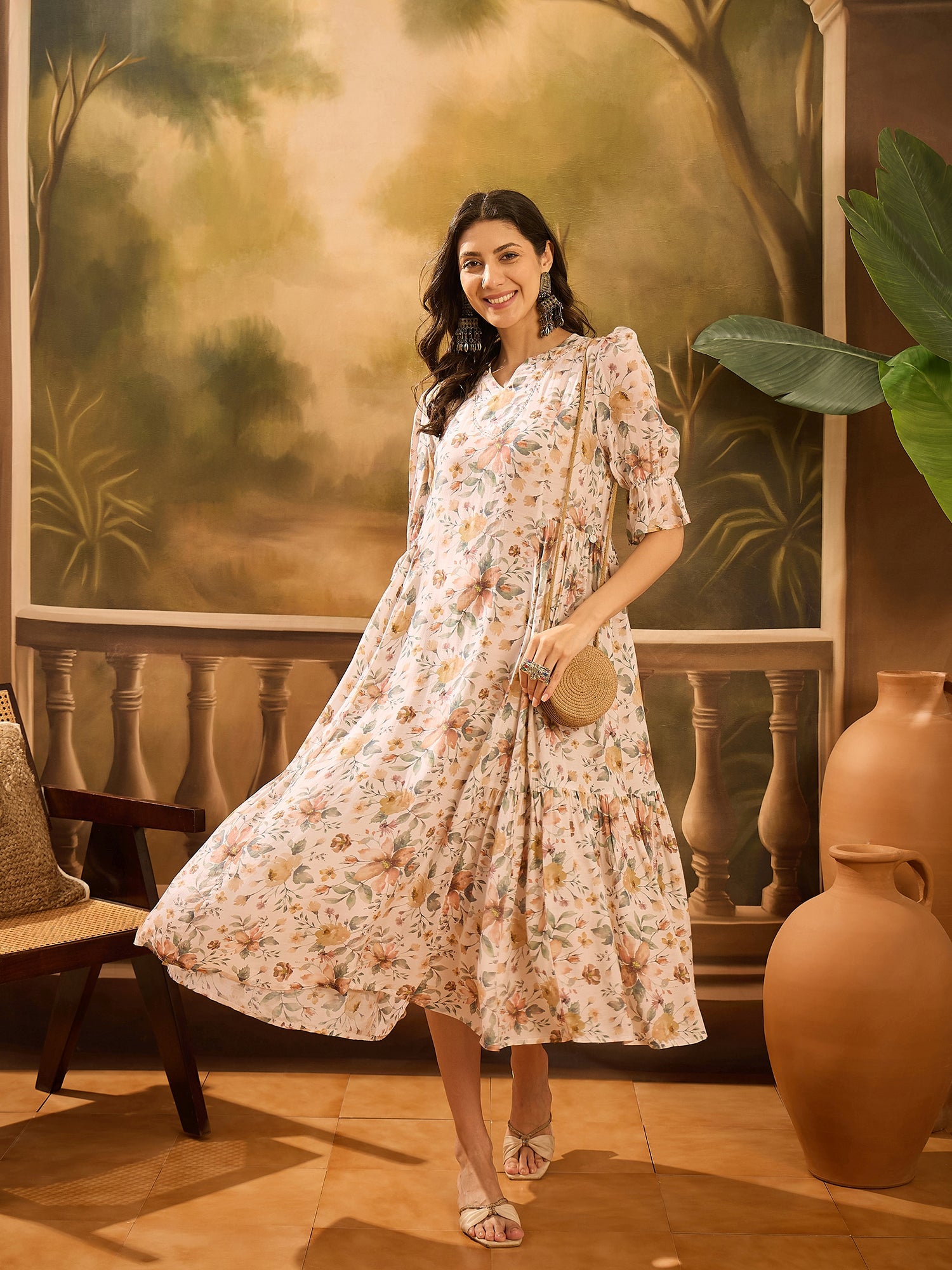 Off White Floral Printed Silk Blend Dress for Women