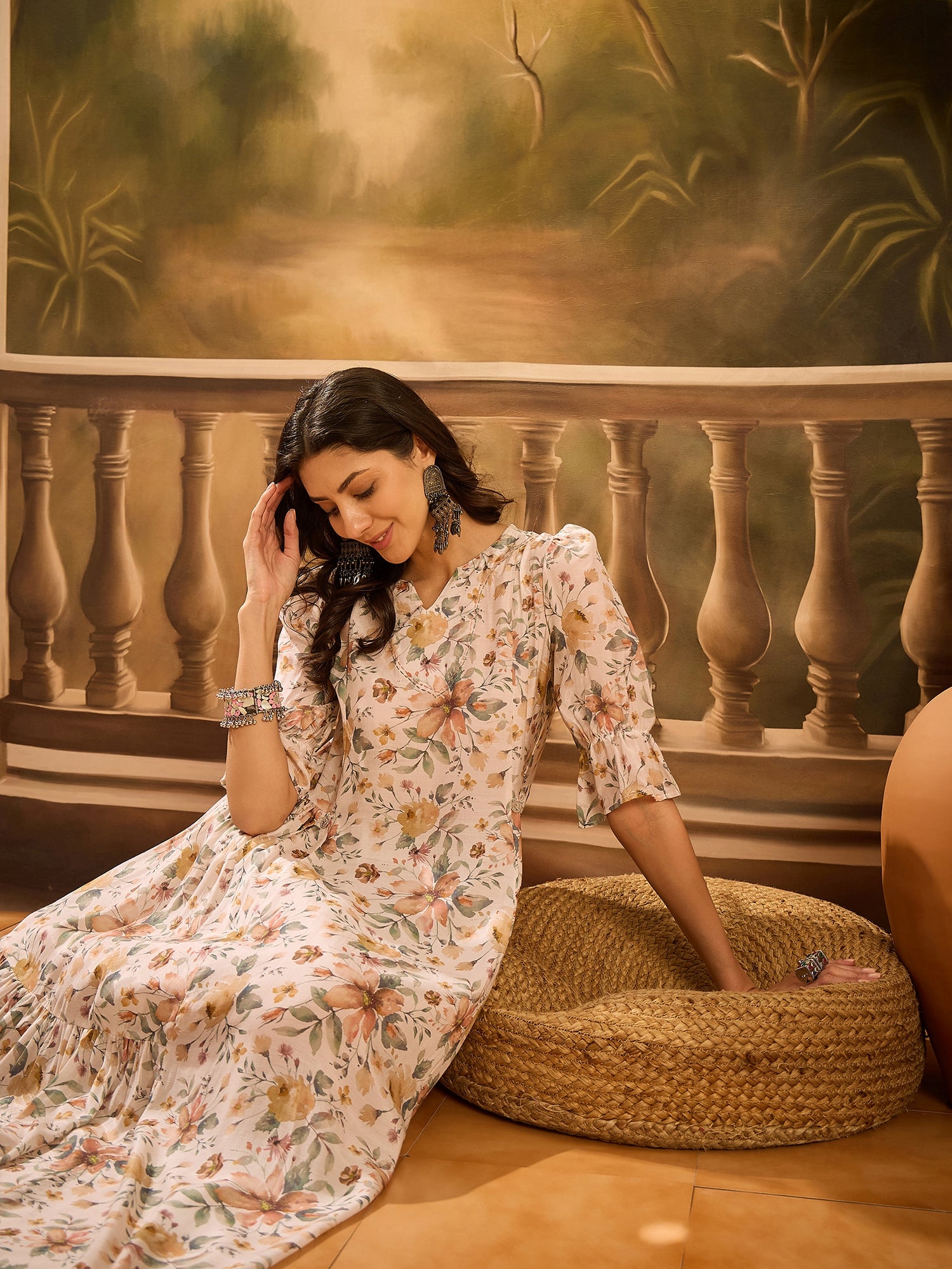 Off White Floral Printed Silk Blend Dress for Women