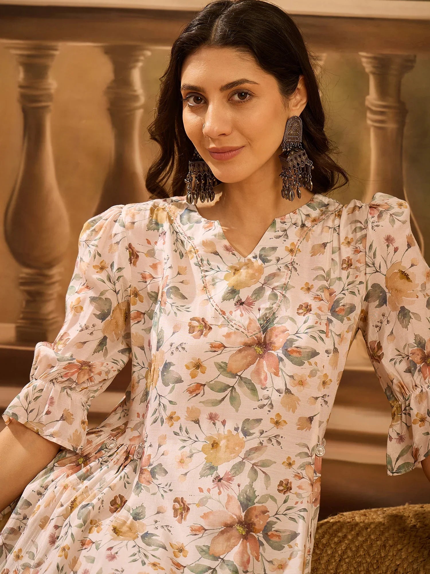 Off White Floral Printed Silk Blend Dress for Women - SanskrutiHomes