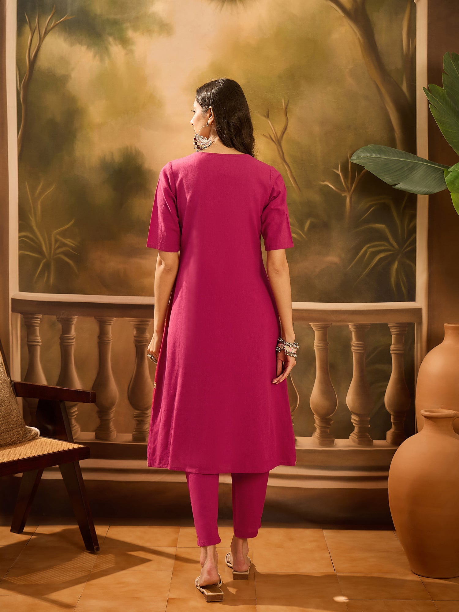 Maroon Pure Cotton V-Neck Kurta Set For Women - SanskrutiHomes