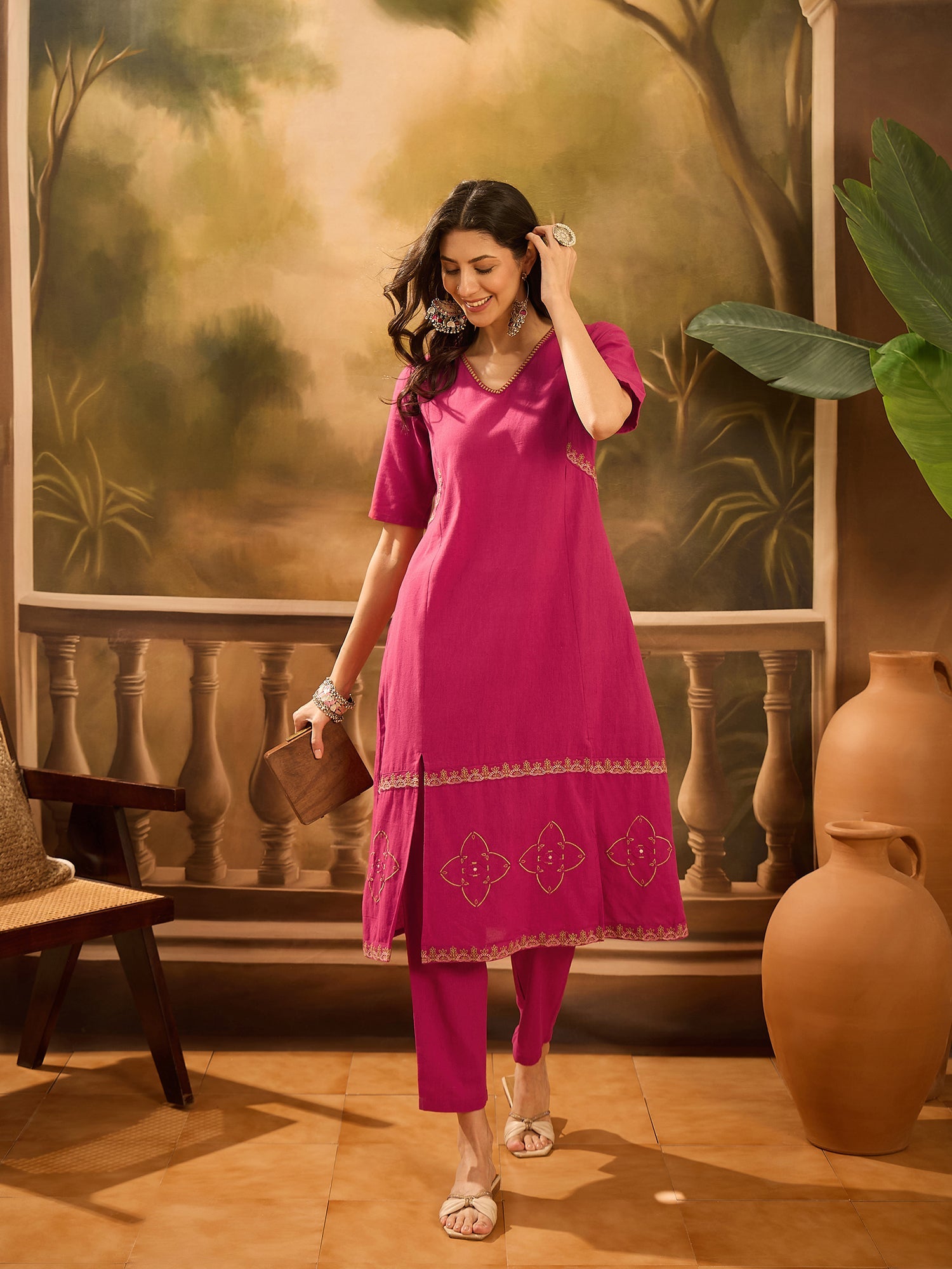 Maroon Pure Cotton V-Neck Kurta Set For Women - SanskrutiHomes