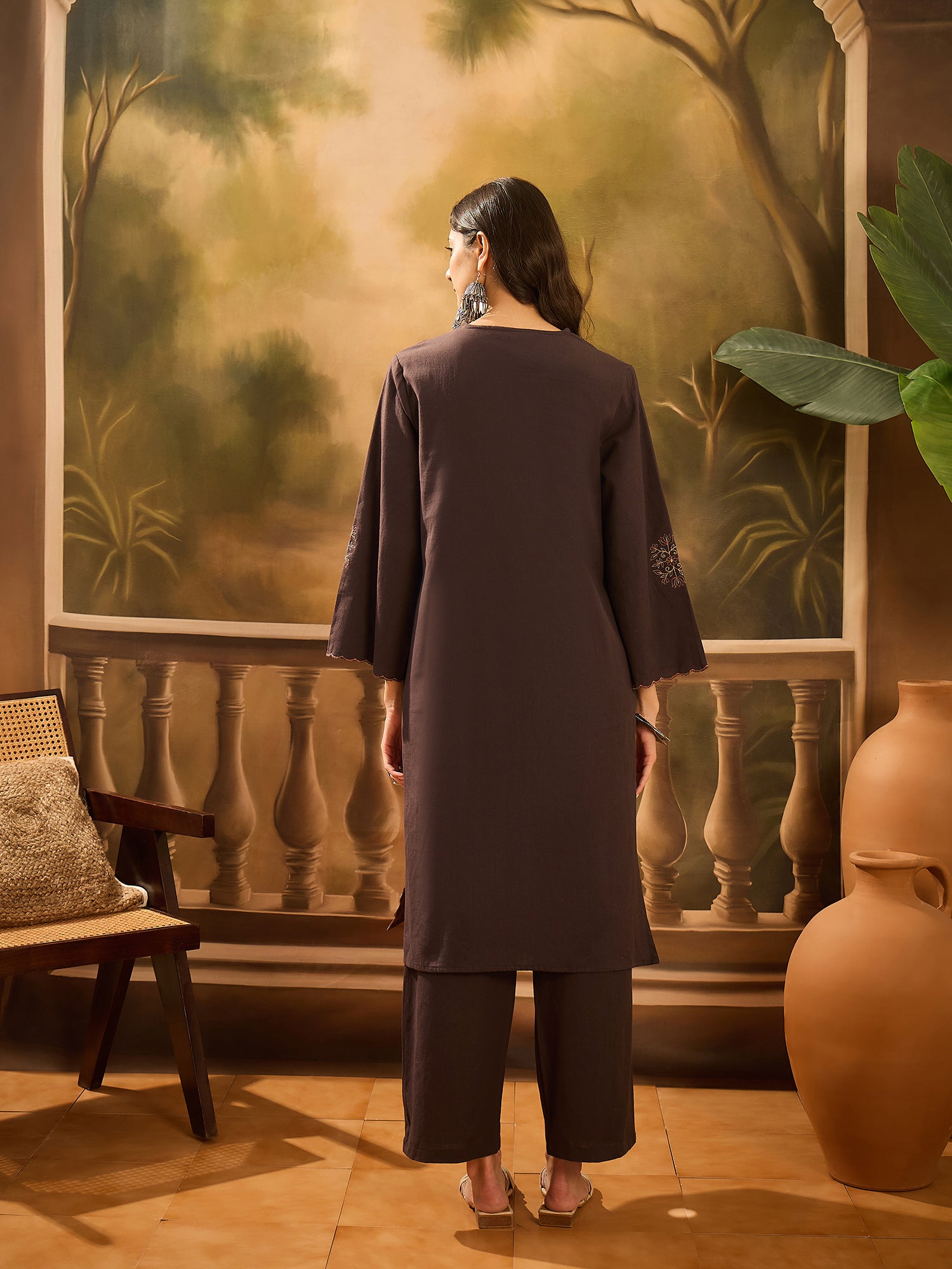 Brown V-Neck Solid Cotton Kurta Set for Women