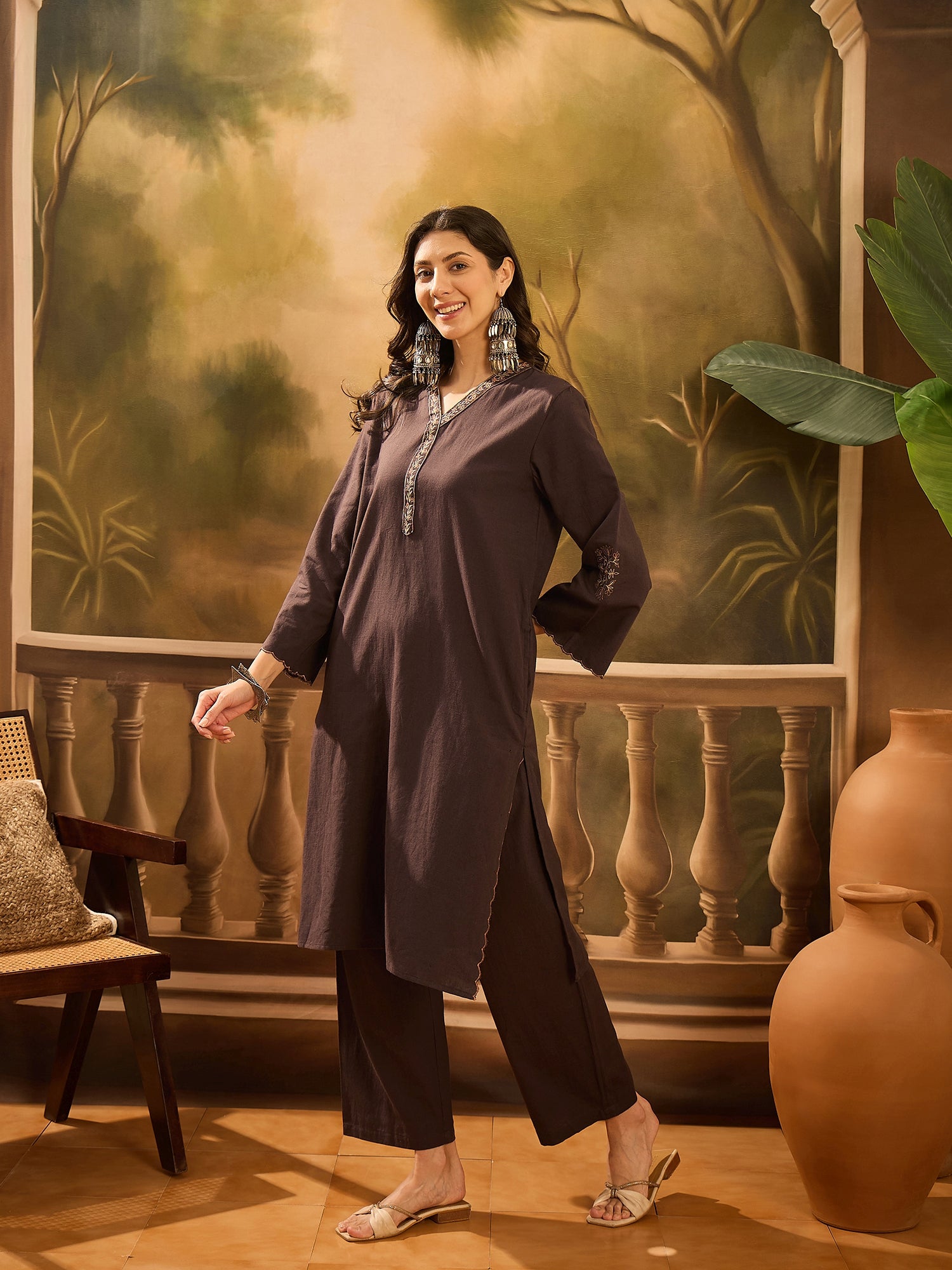 Brown V-Neck Solid Cotton Kurta Set for Women