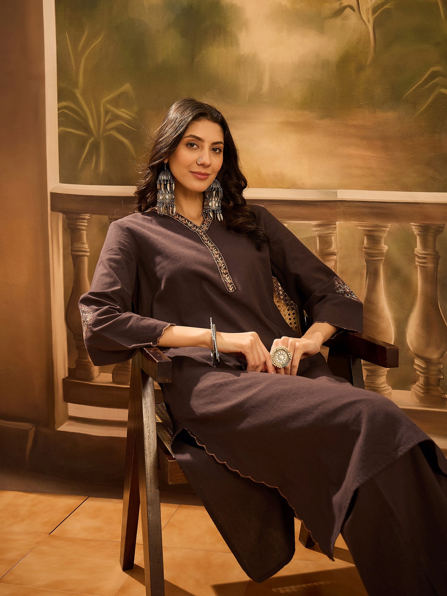 Brown V-Neck Solid Cotton Kurta Set for Women