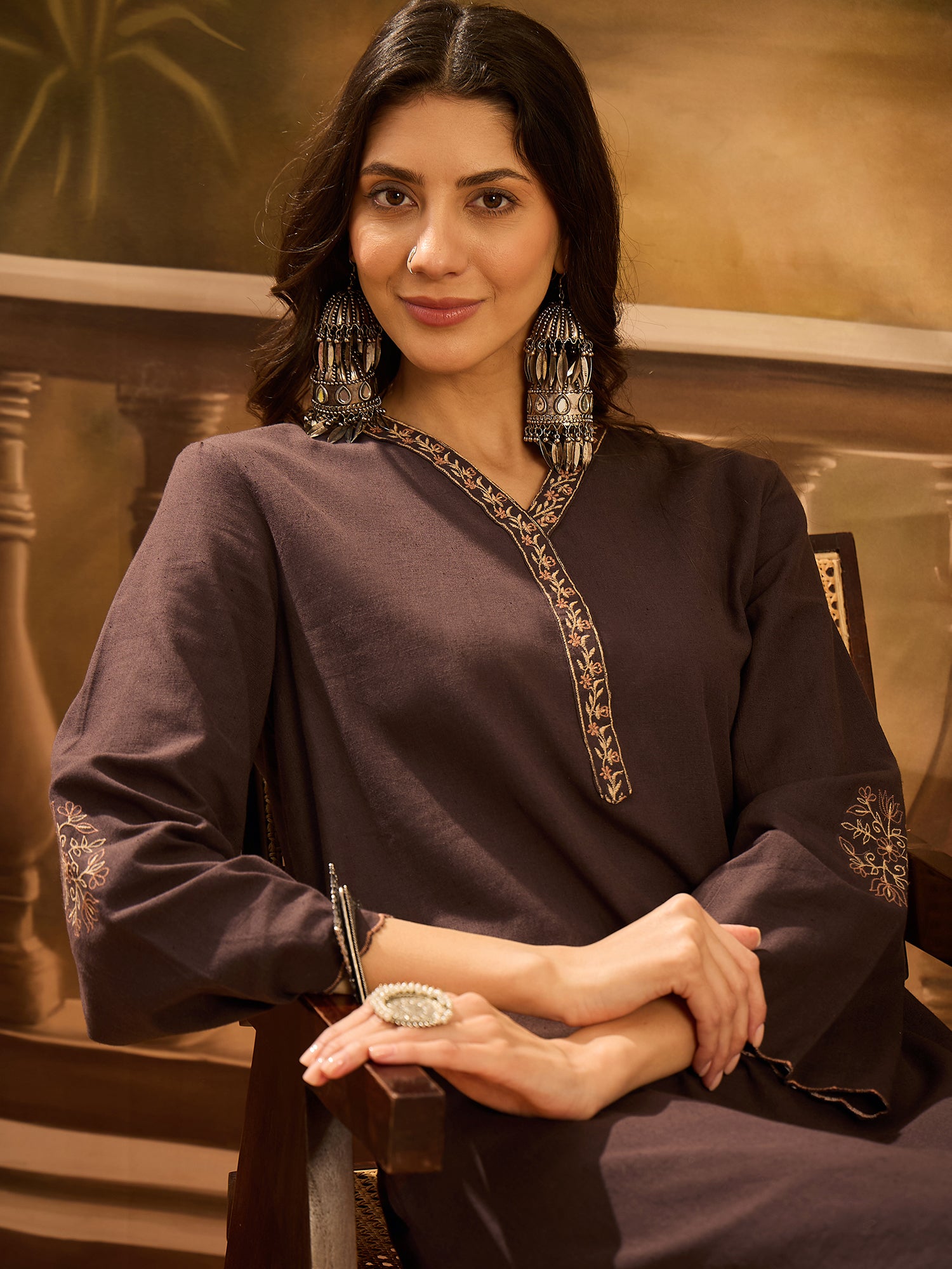 Brown V-Neck Solid Cotton Kurta Set for Women