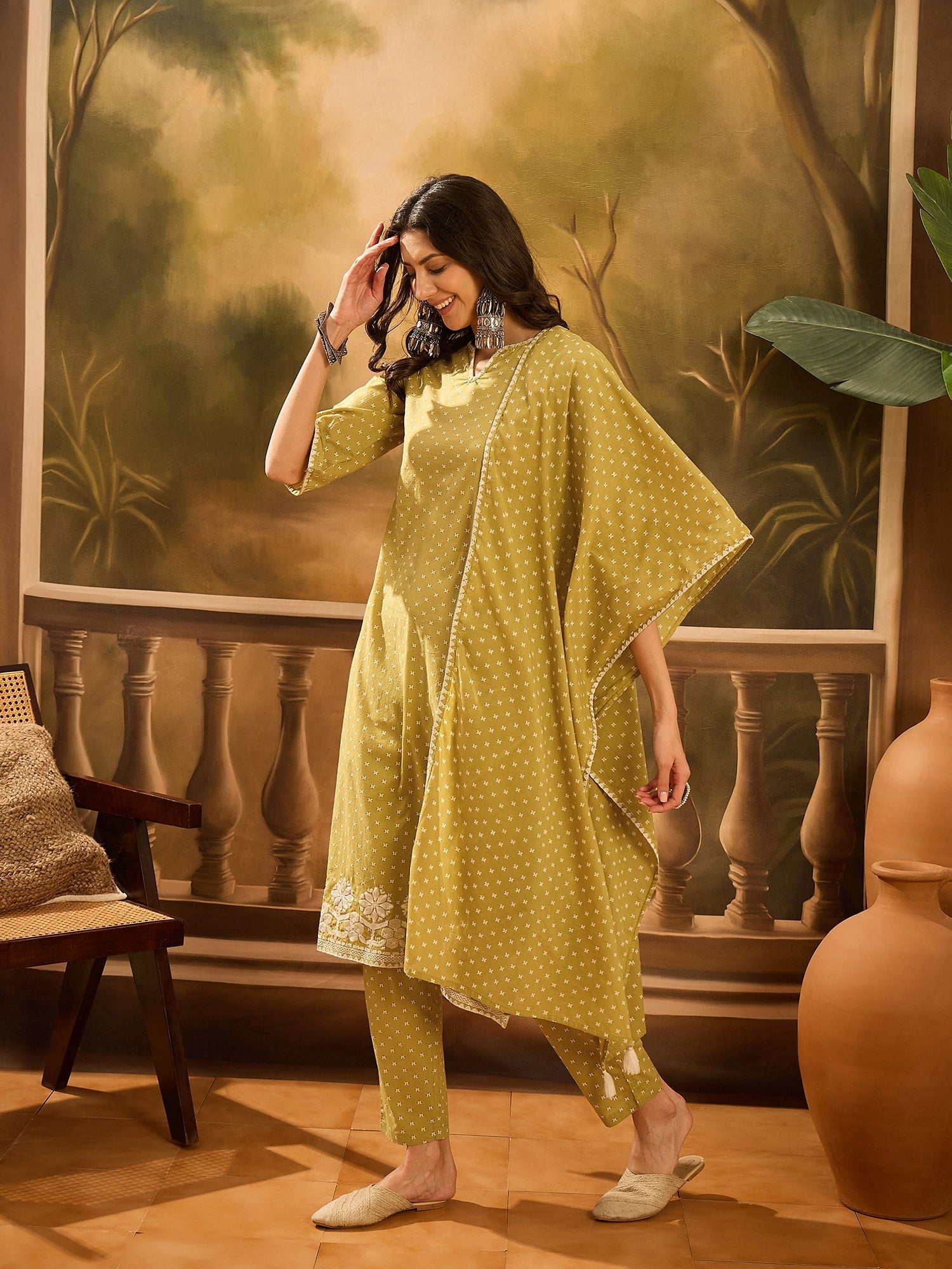 Lime Green Pure Cotton V-Neck Kurta Set For Women - SanskrutiHomes
