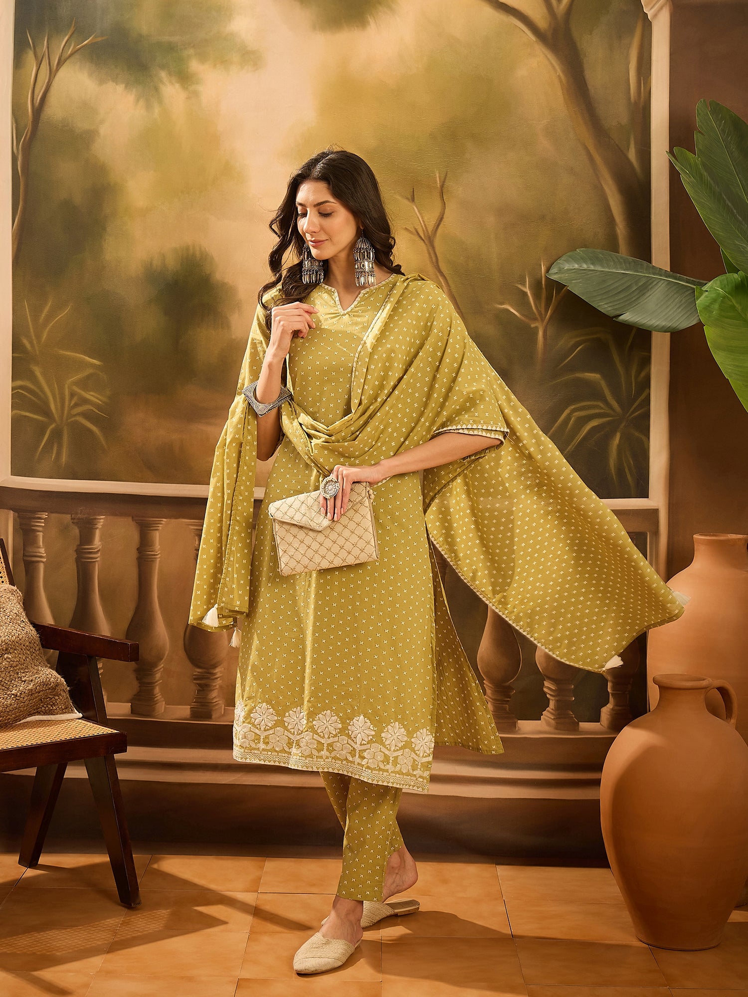 Lime Green Pure Cotton V-Neck Kurta Set For Women