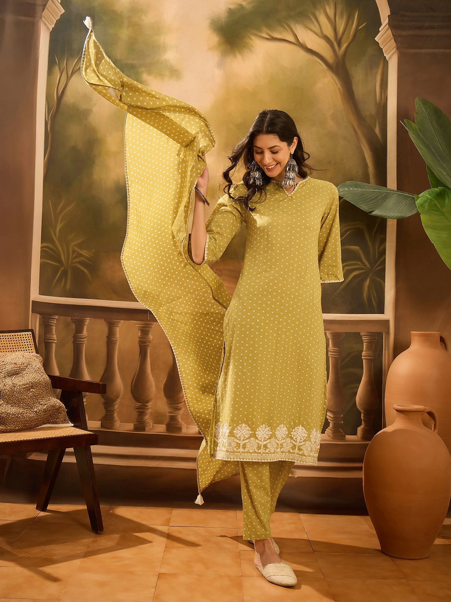 Lime Green Pure Cotton V-Neck Kurta Set For Women - SanskrutiHomes