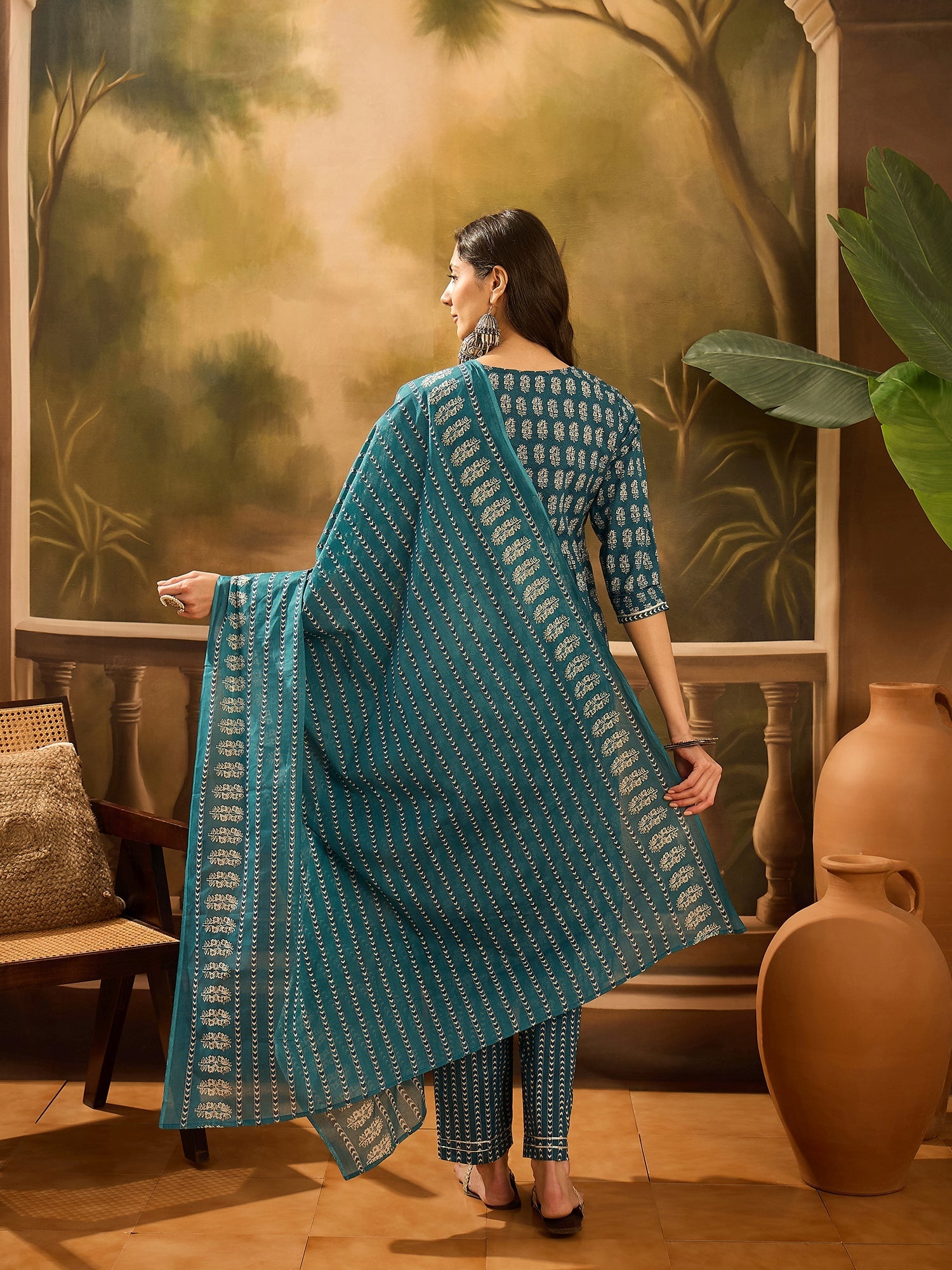 Teal Pure Cotton Round Neck Kurta Set For Women - SanskrutiHomes
