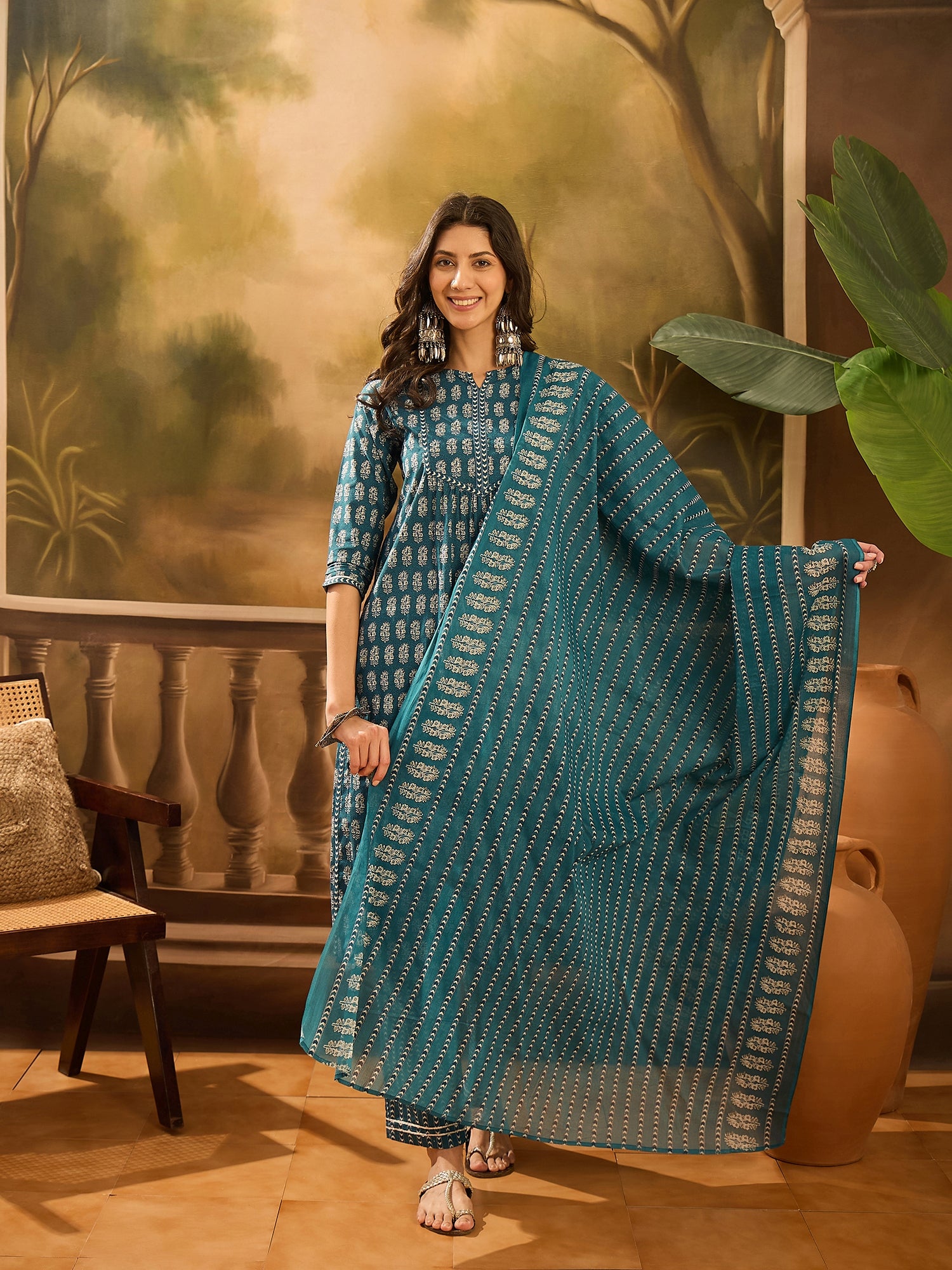 Teal Pure Cotton Round Neck Kurta Set For Women