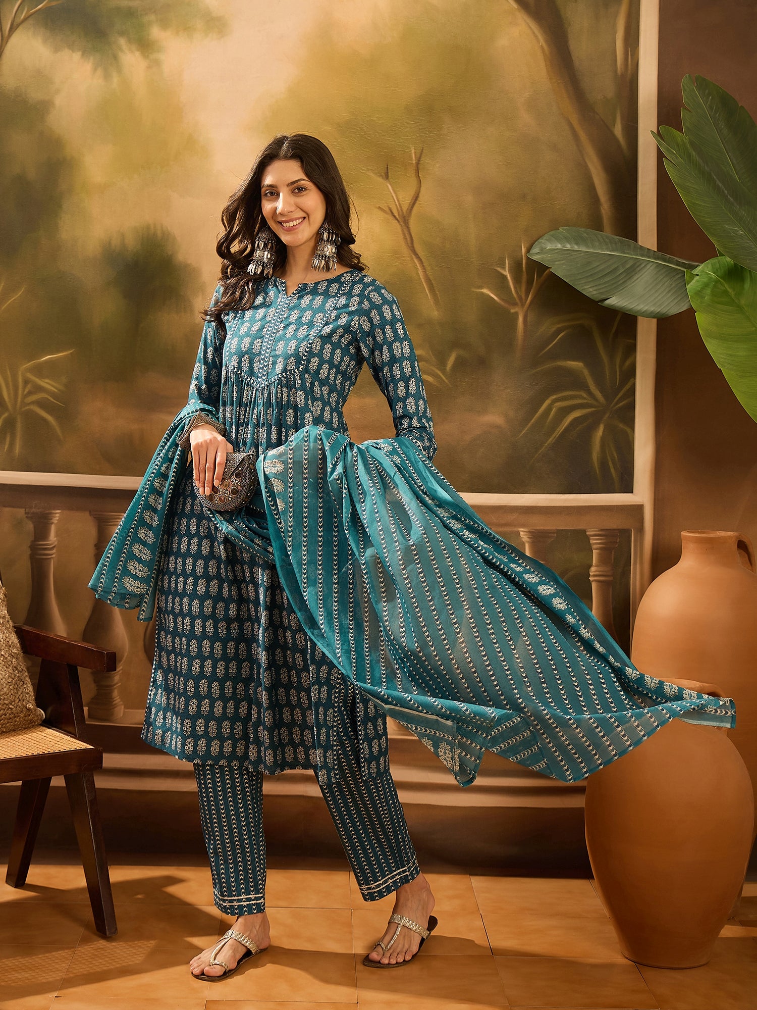 Teal Pure Cotton Round Neck Kurta Set For Women