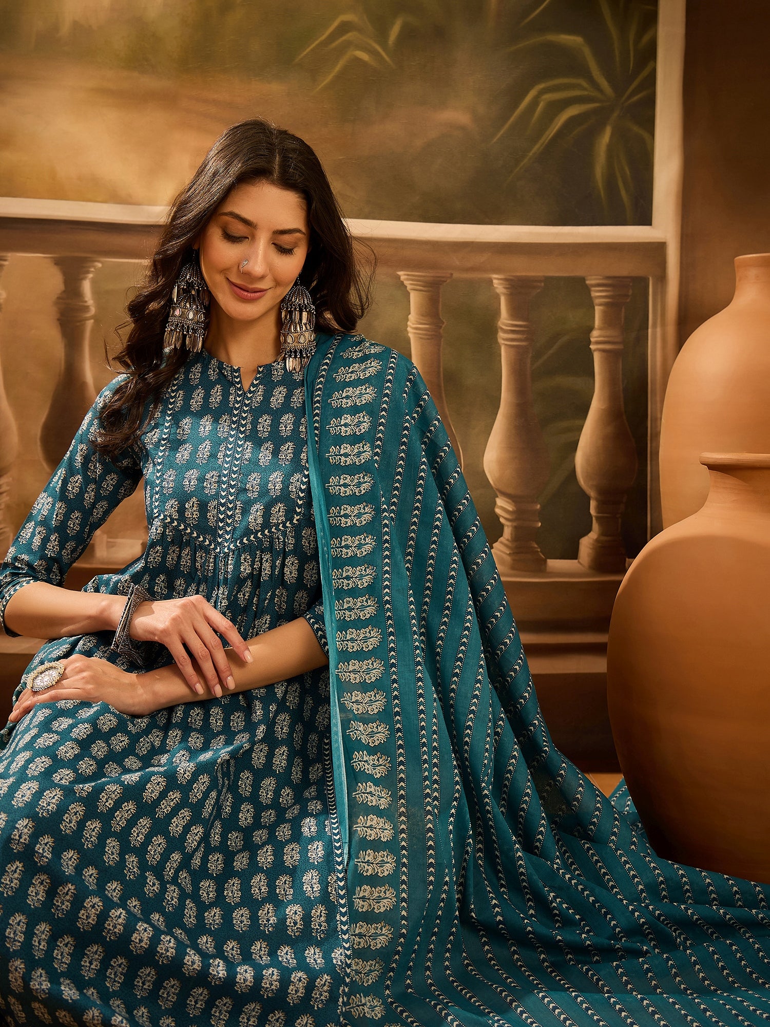 Teal Pure Cotton Round Neck Kurta Set For Women