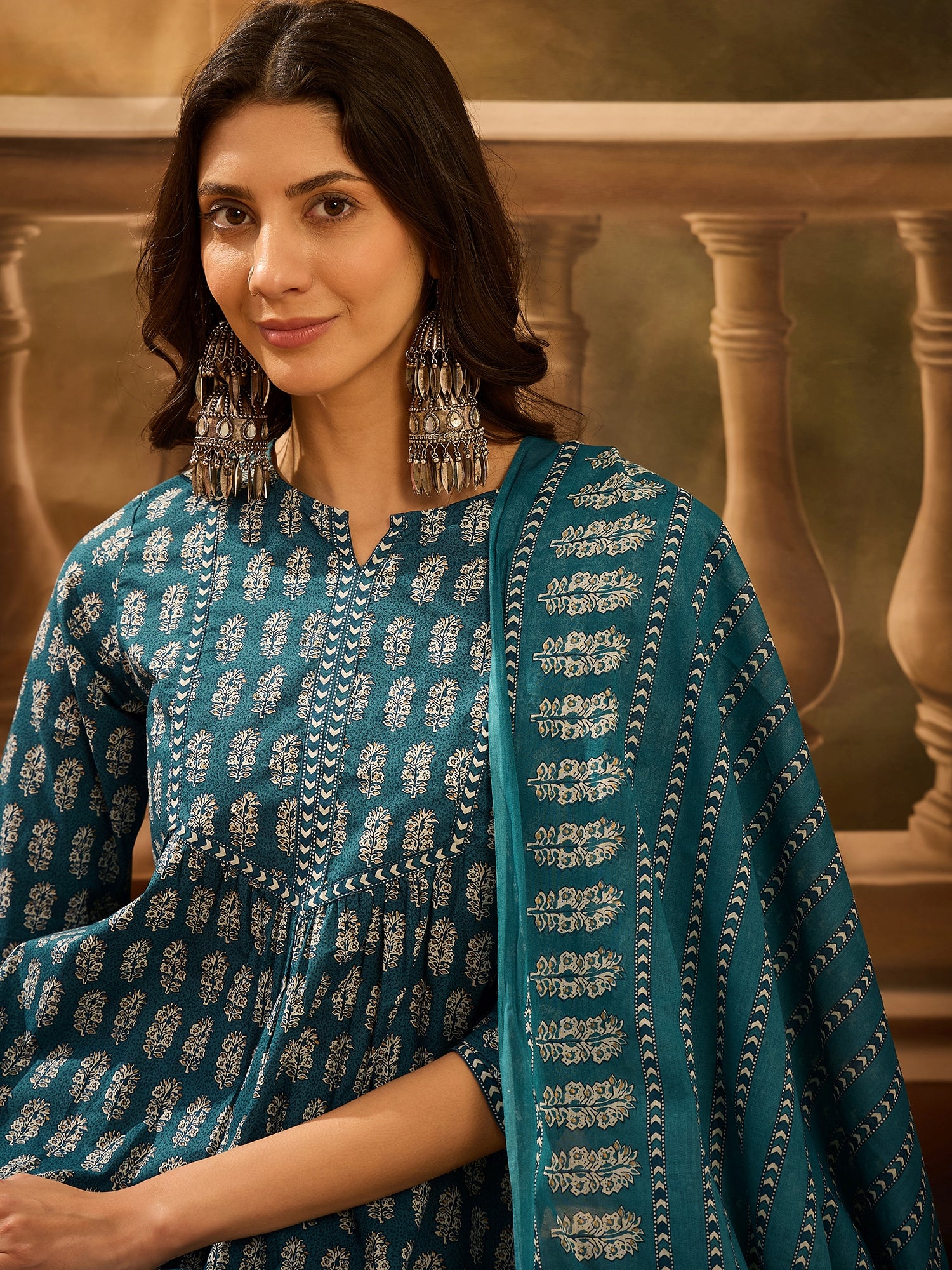 Teal Pure Cotton Round Neck Kurta Set For Women