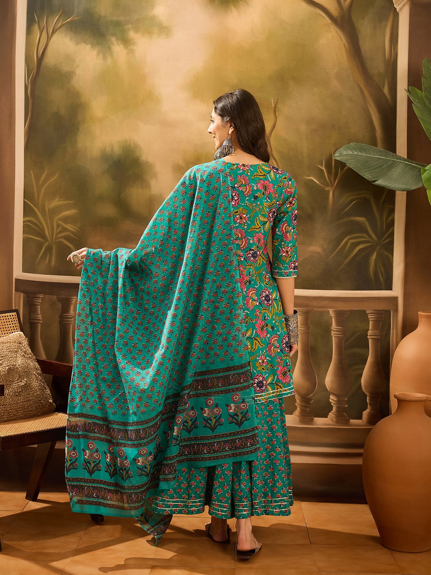 Turquoise Blue Pure Cotton V-Neck Kurta Set For Women