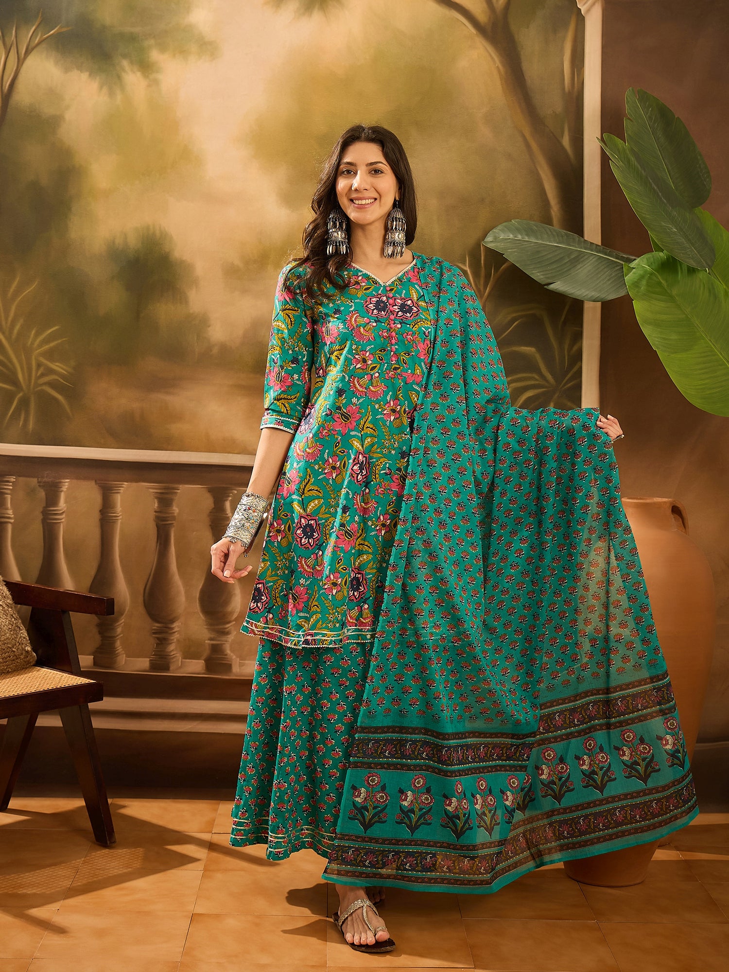 Turquoise Blue Pure Cotton V-Neck Kurta Set For Women