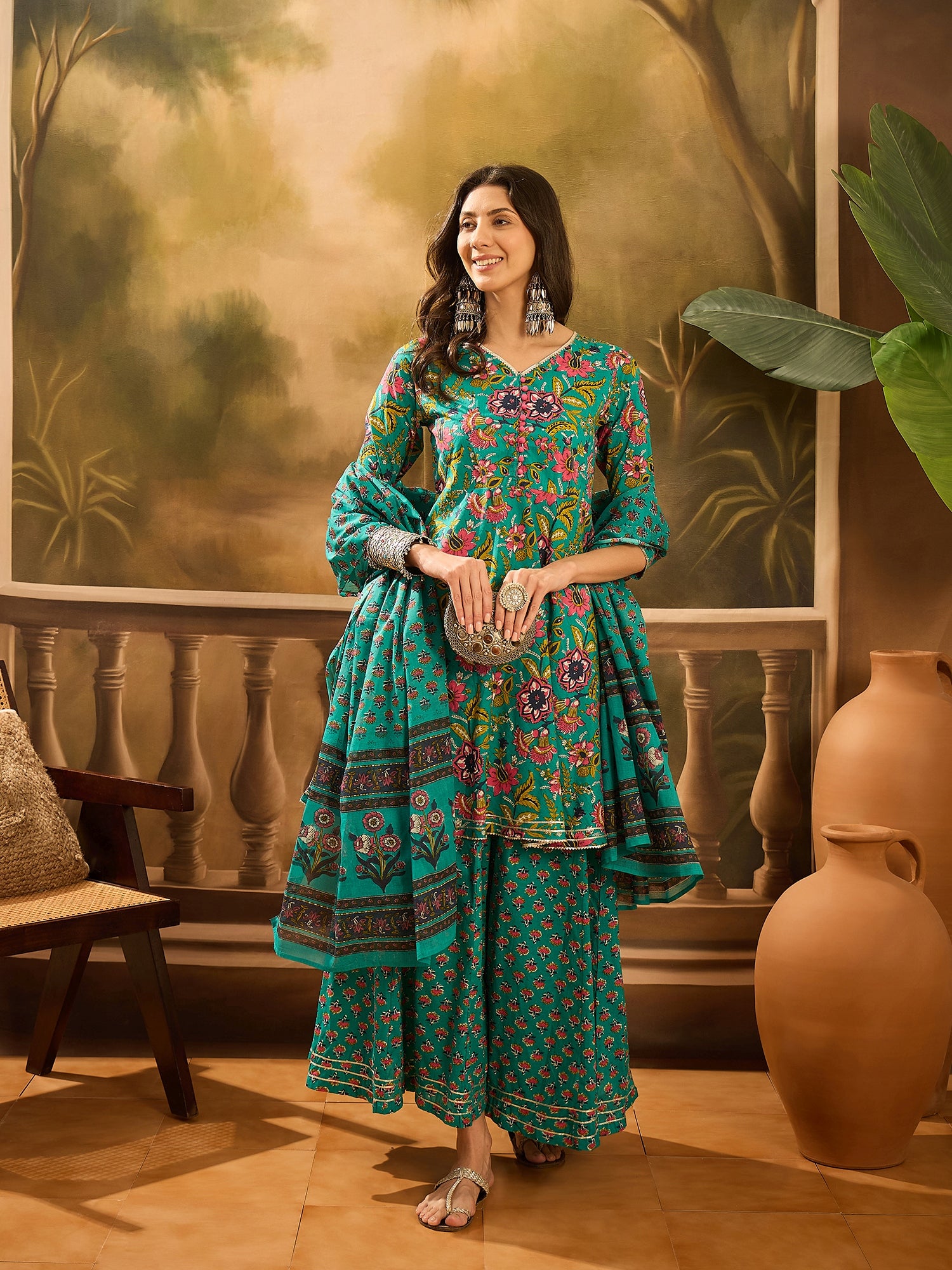 Turquoise Blue Pure Cotton V-Neck Kurta Set For Women