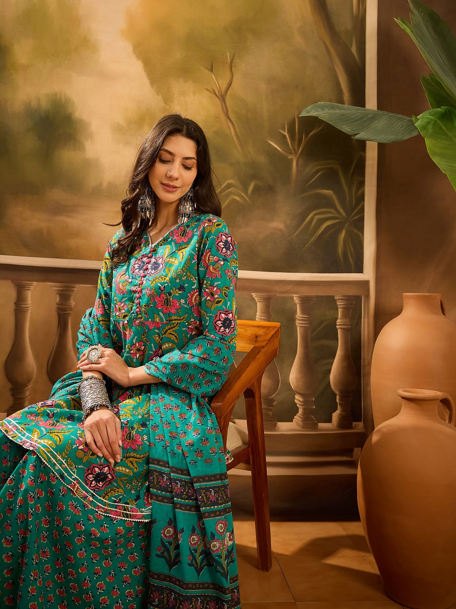 Turquoise Blue Pure Cotton V-Neck Kurta Set For Women