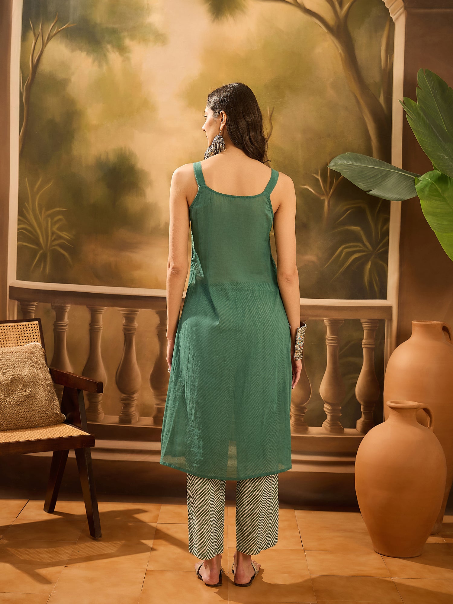 Green Pure Cotton V-Neck Kurta Set For Women
