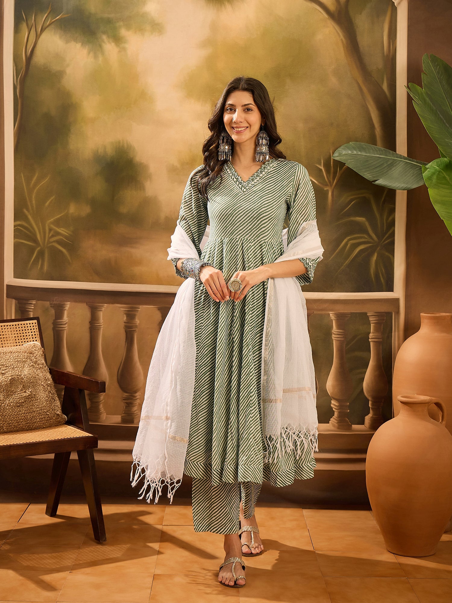 Green Pure Cotton V-Neck Kurta Set For Women