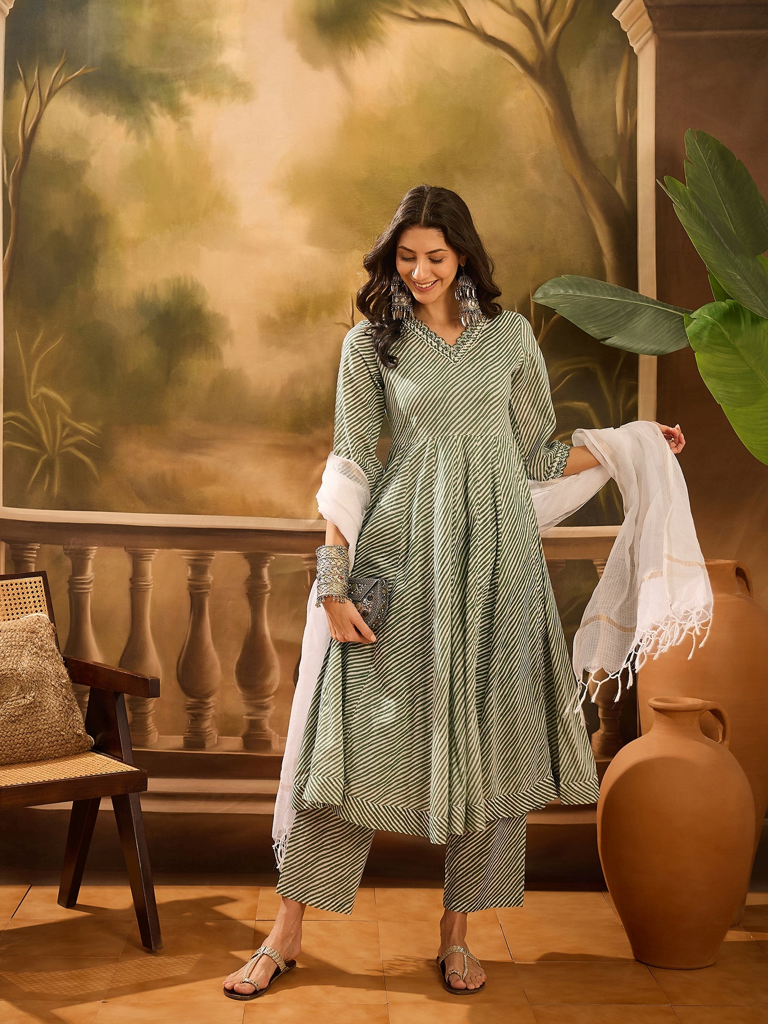 Green Pure Cotton V-Neck Kurta Set For Women