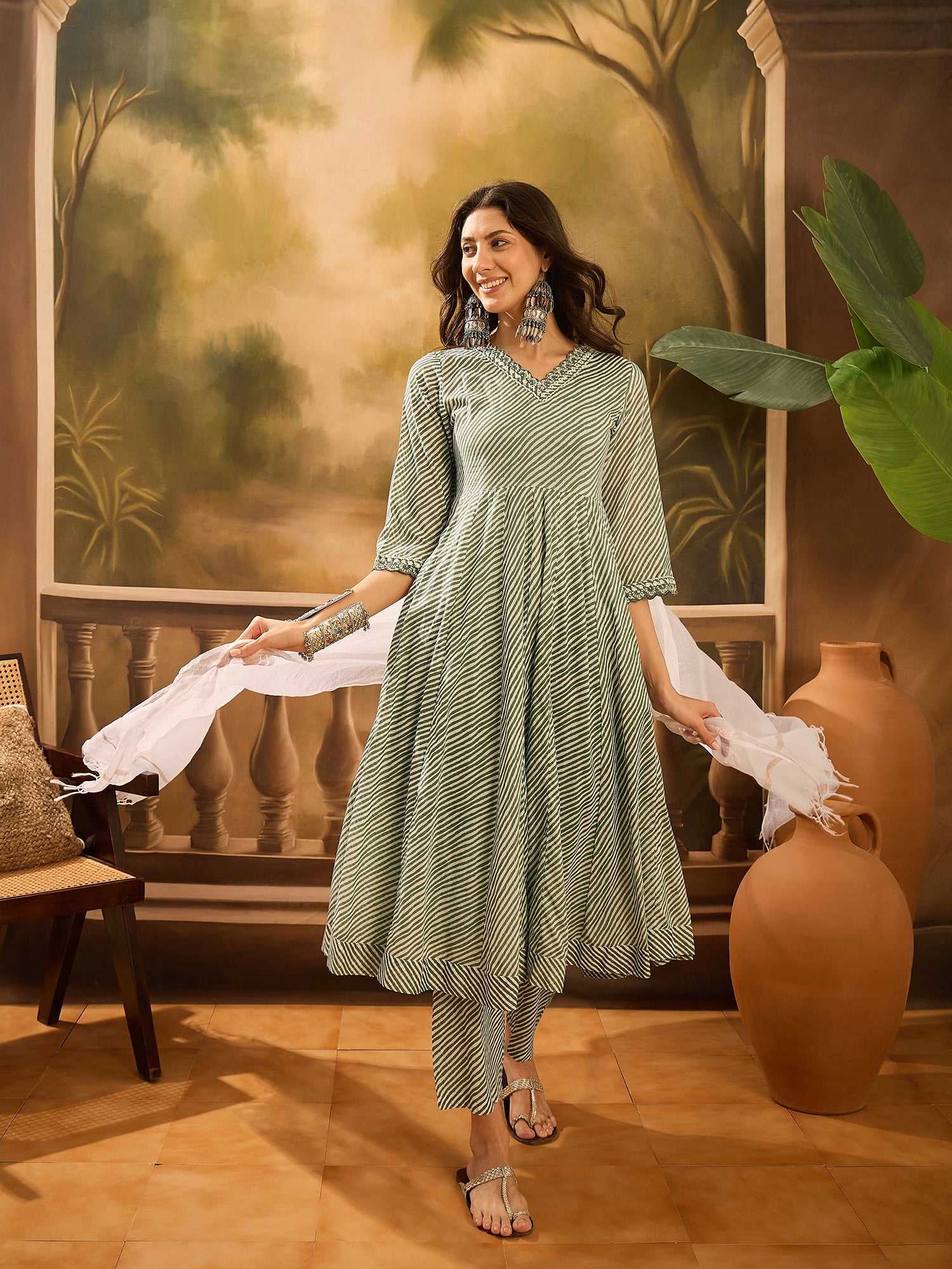 Green Pure Cotton V-Neck Kurta Set For Women