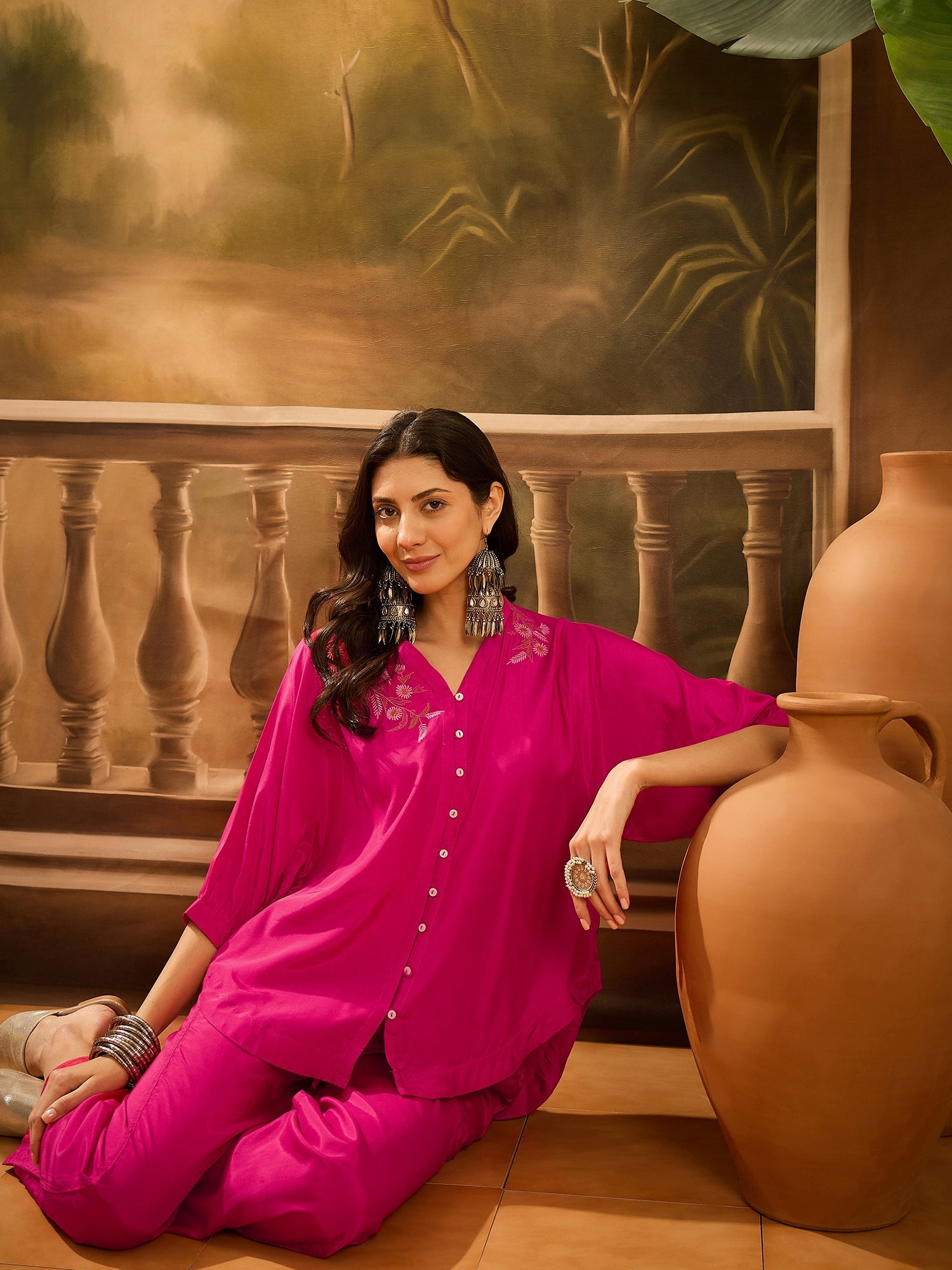 Pink V-Neck Dyed Co-Ords Set For Women