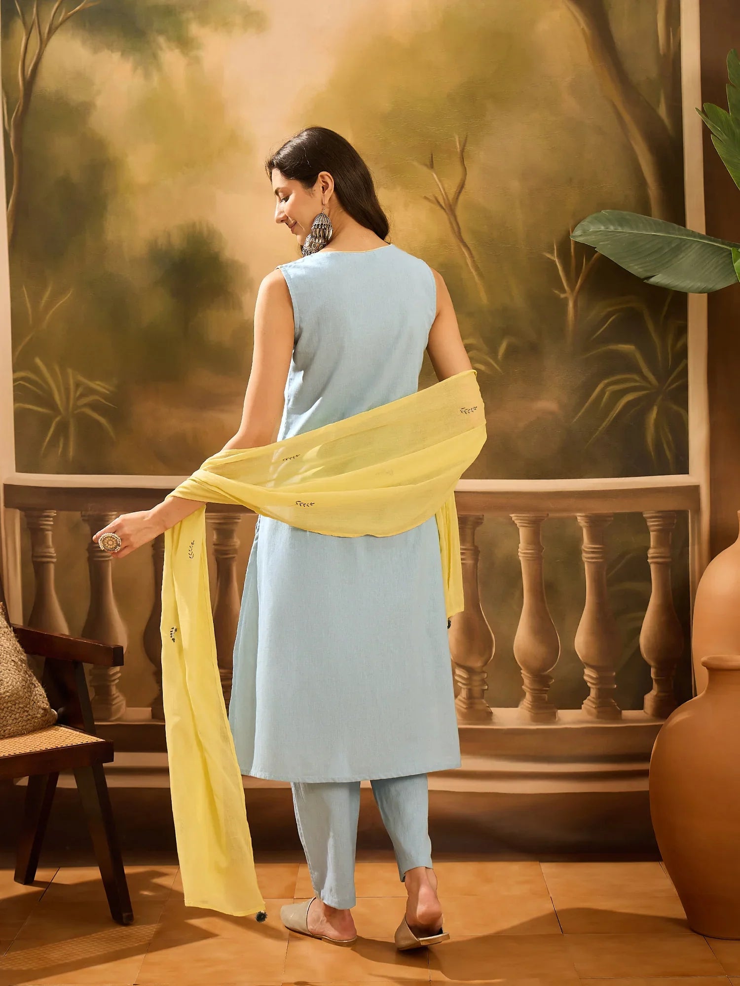 Blue Pure Cotton V-Neck Kurta Set For Women - SanskrutiHomes