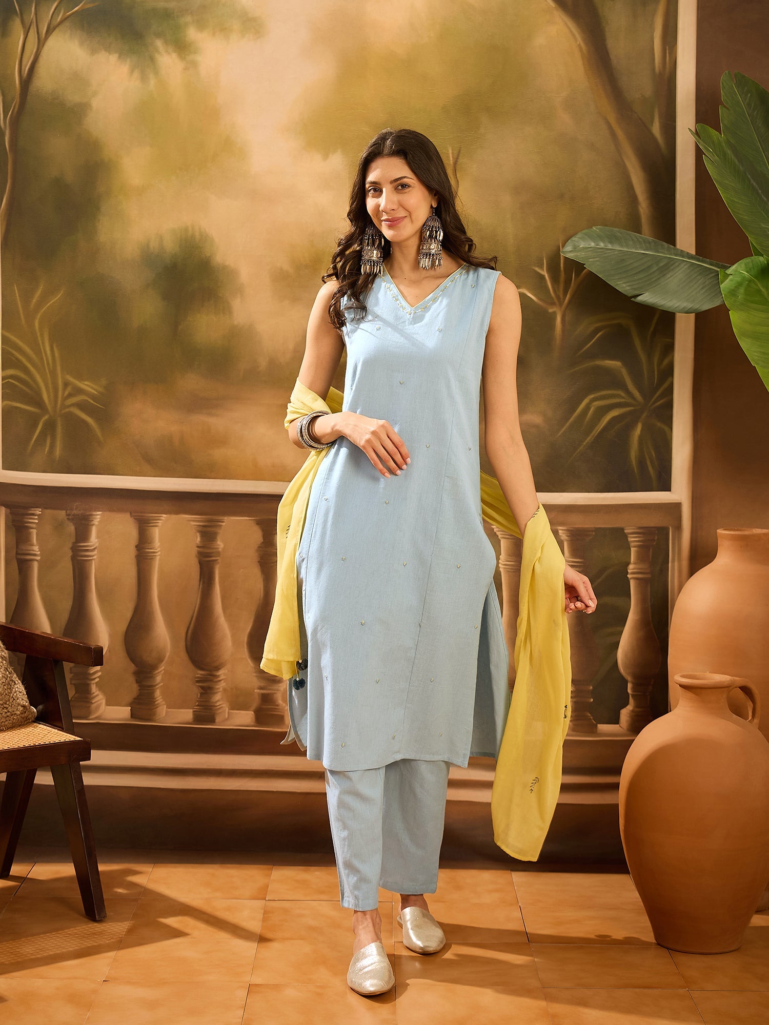 Blue Pure Cotton V-Neck Kurta Set For Women - SanskrutiHomes