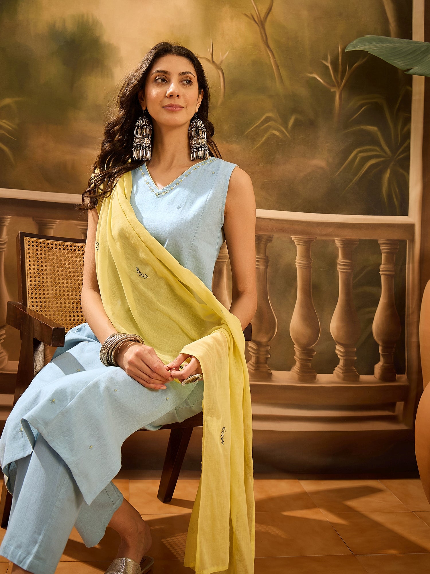 Blue Pure Cotton V-Neck Kurta Set For Women