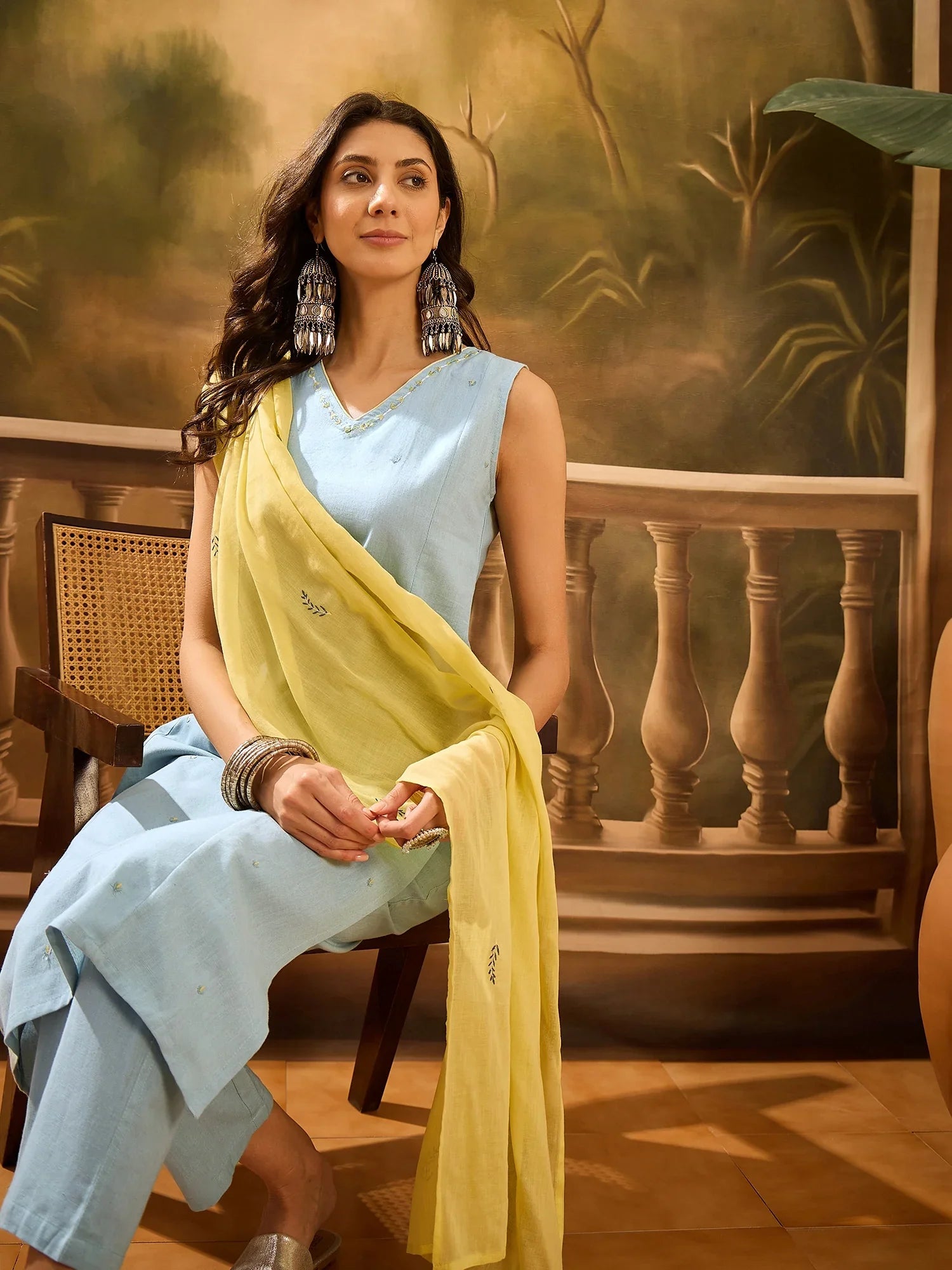 Blue Pure Cotton V-Neck Kurta Set For Women - SanskrutiHomes