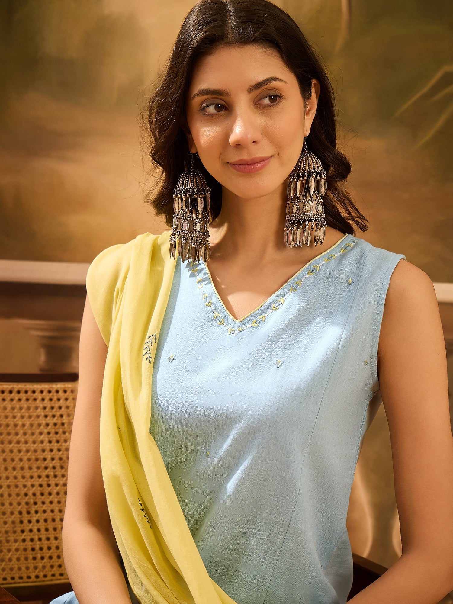 Blue Pure Cotton V-Neck Kurta Set For Women