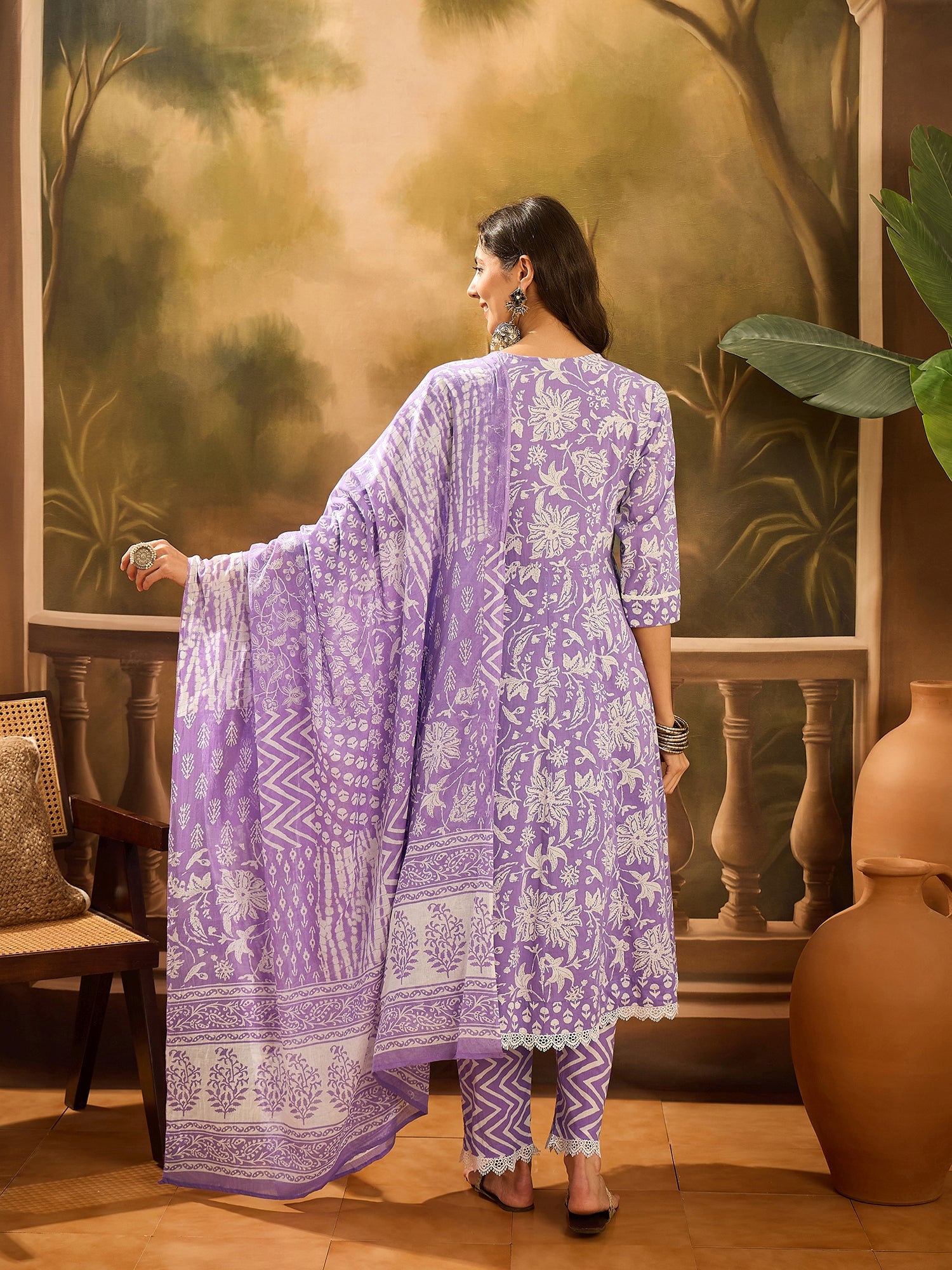 Purple Pure Cotton V-Neck Kurta Set For Women