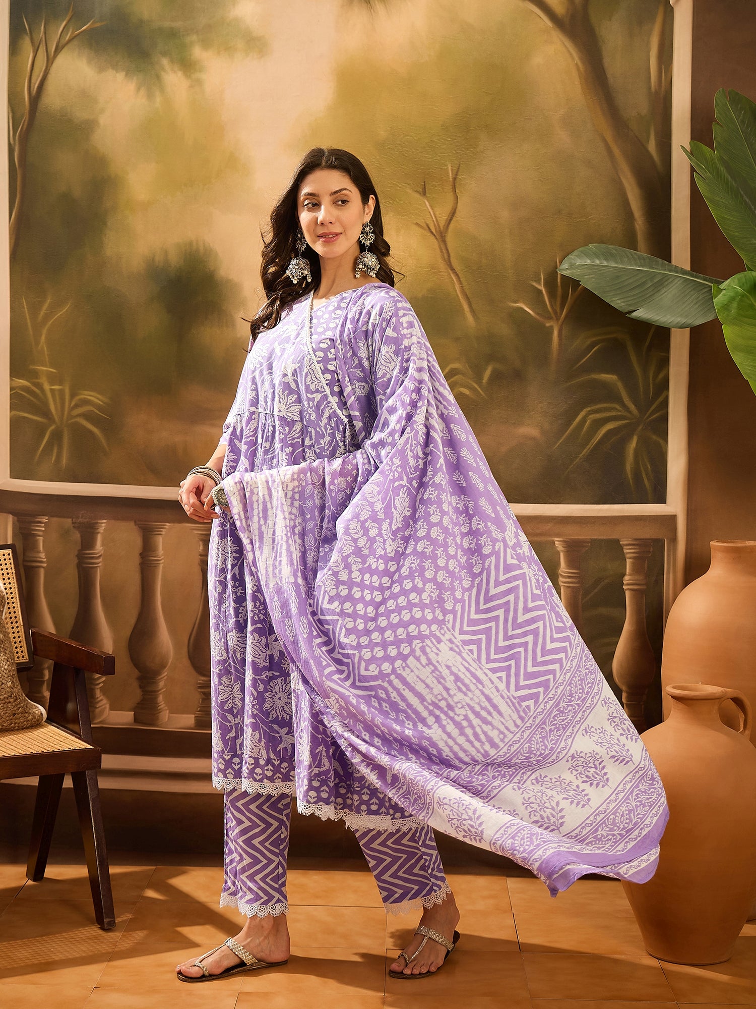 Purple Pure Cotton V-Neck Kurta Set For Women