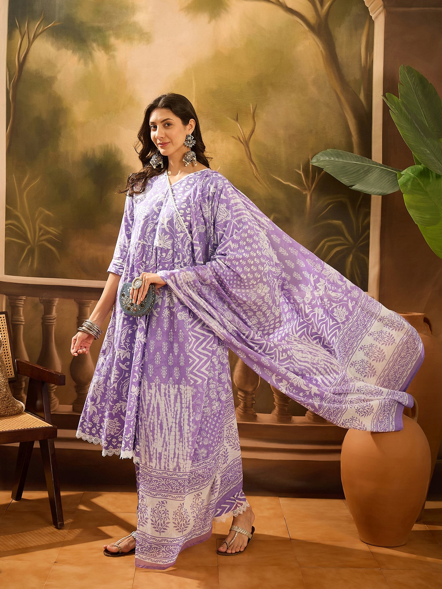 Purple Pure Cotton V-Neck Kurta Set For Women