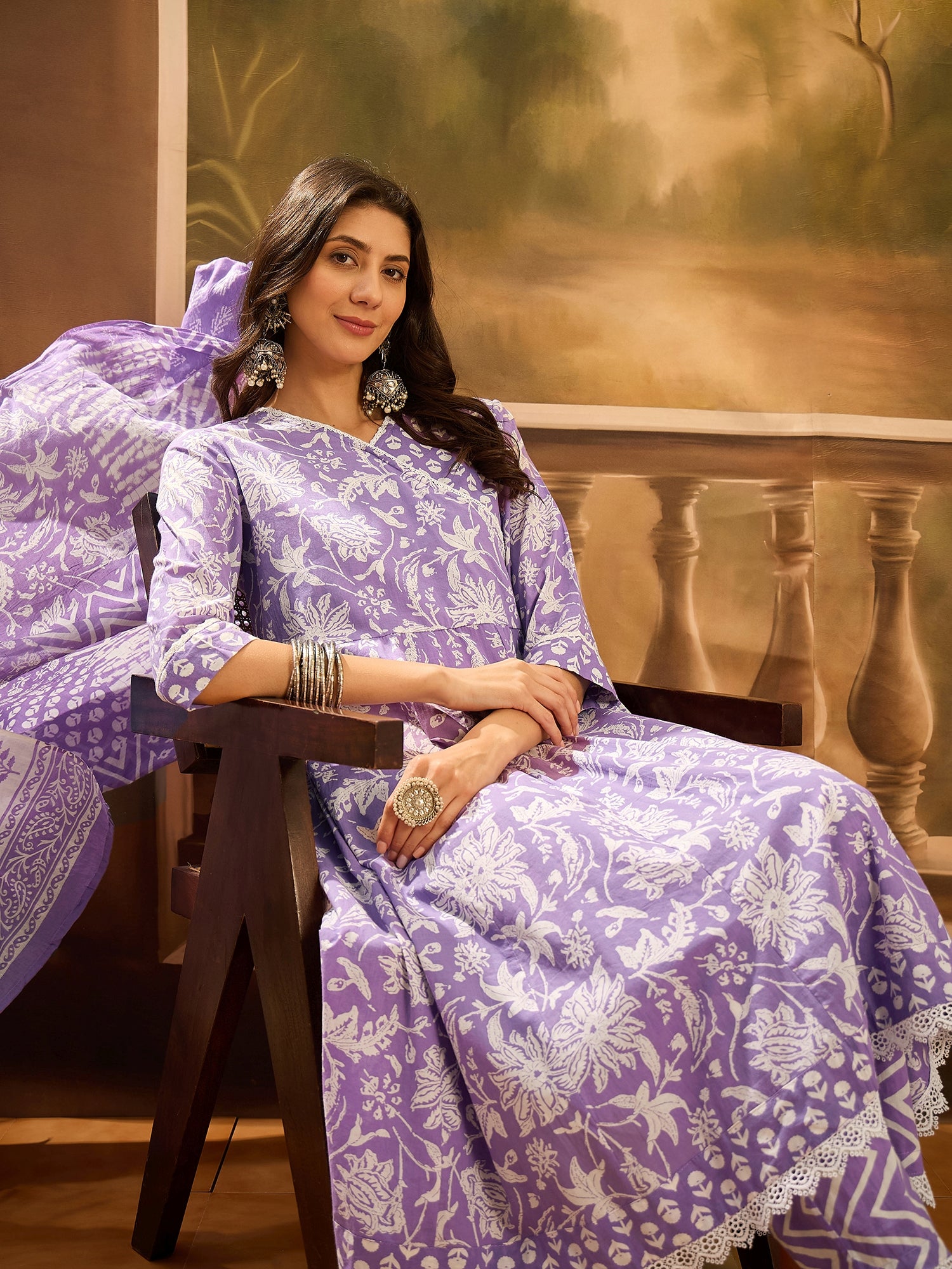 Purple Pure Cotton V-Neck Kurta Set For Women